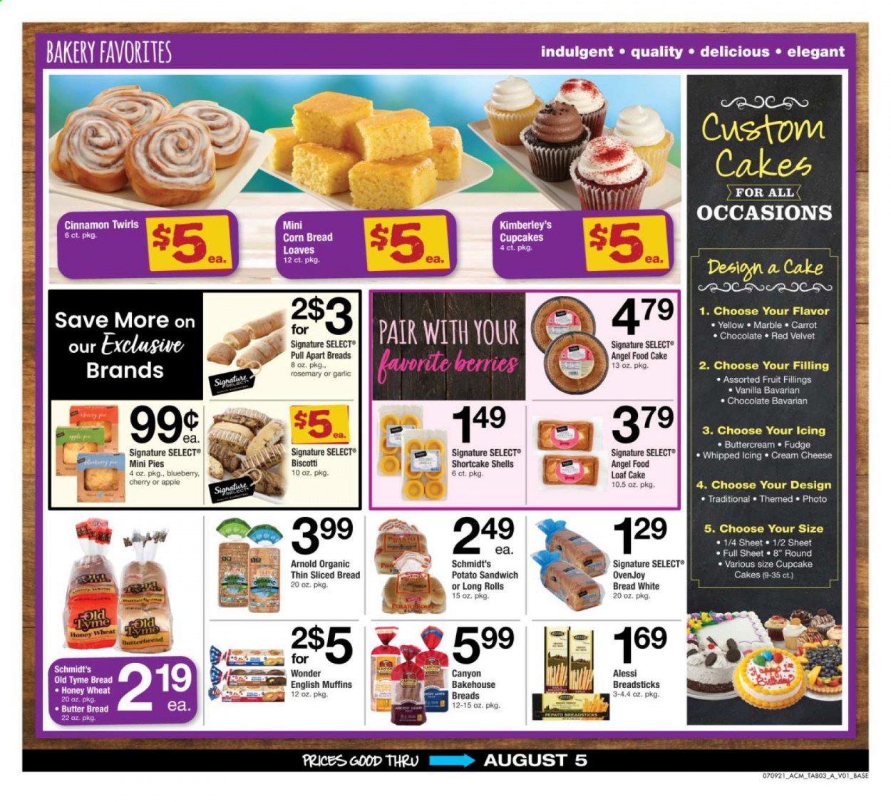 thumbnail - ACME Flyer - 07/09/2021 - 08/05/2021 - Sales products - bread, english muffins, cake, corn bread, cupcake, Angel Food, loaf cake, garlic, sandwich, cream cheese, cheese, biscotti, fudge, chocolate, bread sticks, rosemary, cinnamon. Page 3.