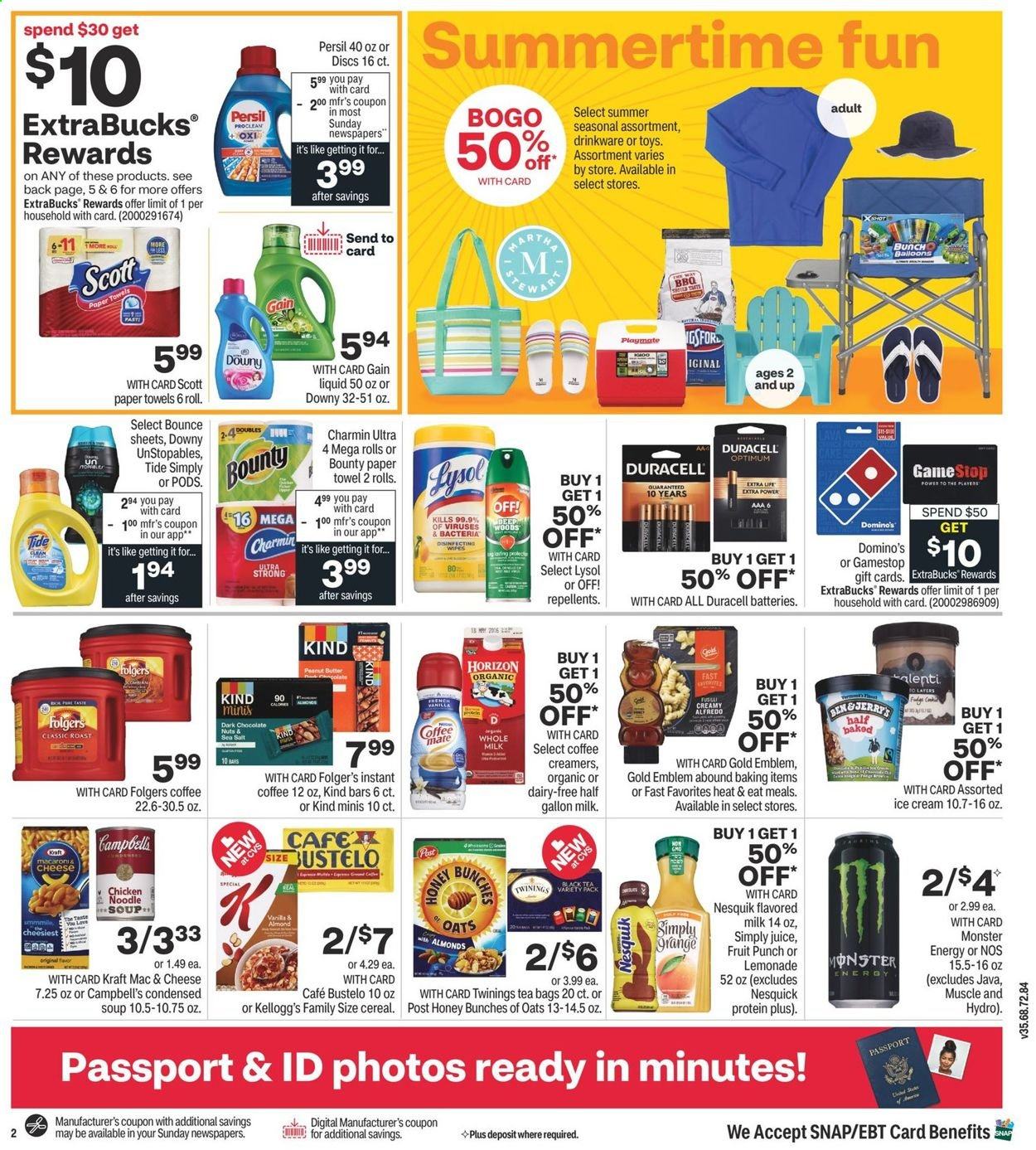 thumbnail - CVS Pharmacy Flyer - 07/11/2021 - 07/17/2021 - Sales products - Campbell's, condensed soup, soup, noodles, instant soup, Kraft®, milk, flavoured milk, ice cream, Bounty, Kellogg's, Nesquik, cereals, lemonade, juice, Monster, fruit punch, tea bags, Twinings, instant coffee, Folgers, wipes, Scott, kitchen towels, paper towels, Charmin, Gain, Lysol, Tide, Unstopables, Persil, Bounce, balloons, battery, Duracell, Optimum, toys. Page 4.