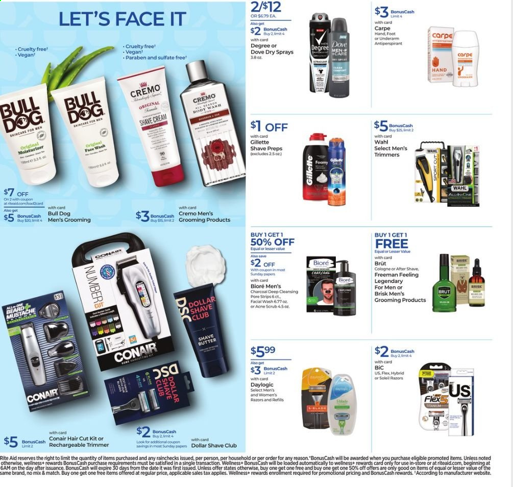 thumbnail - RITE AID Flyer - 07/11/2021 - 07/17/2021 - Sales products - Dove, face gel, moisturizer, Bioré®, Dollar Shave Club, Daylogic, after shave, cologne, Brut, BIC, Gillette, shave cream, trimmer. Page 10.