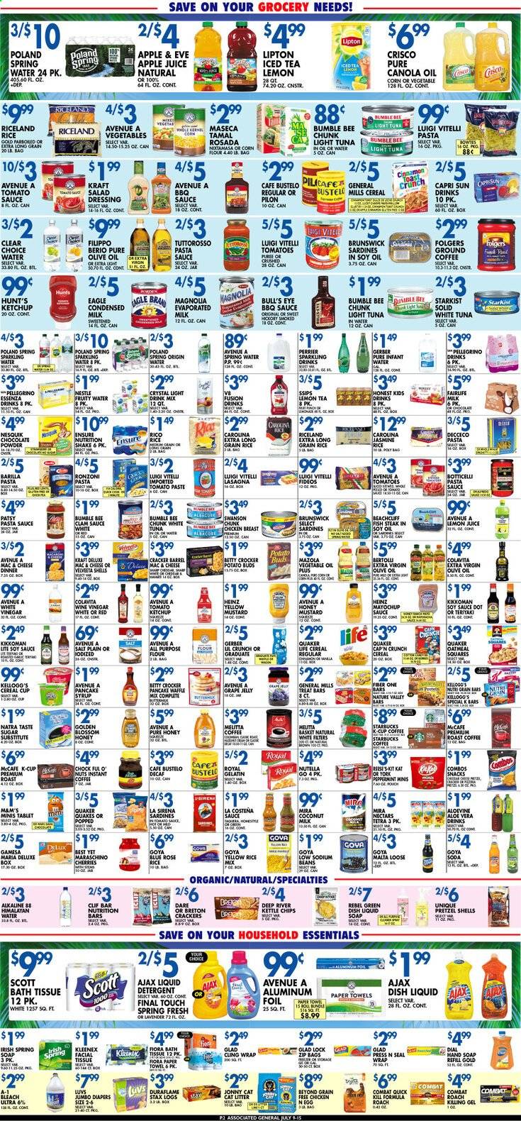 thumbnail - Associated Supermarkets Flyer - 07/09/2021 - 07/15/2021 - Sales products - pretzels, corn, tomatoes, sardines, tuna, fish, fish steak, StarKist, pasta sauce, Bumble Bee, sauce, Barilla, Quaker, lasagna meal, Kraft®, Nesquik, evaporated milk, condensed milk, shake, eggs, Blossom, Nestlé, Nutella, chocolate, snack, jelly, M&M's, crackers, Kellogg's, Gerber, chips, all purpose flour, Crisco, flour, oatmeal, coconut milk, tomato paste, tomato sauce, tuna in water, Heinz, light tuna, Goya, Maraschino cherries, cereals, nutrition bar, Cap'n Crunch, Fiber One, Nutri-Grain, jasmine rice, long grain rice, cinnamon, BBQ sauce, mustard, salad dressing, soy sauce, honey mustard, ketchup, Kikkoman, dressing, canola oil, extra virgin olive oil, vegetable oil, wine vinegar, olive oil, grape jelly, pancake syrup, syrup, apple juice, Capri Sun, juice, Lipton, ice tea, Perrier, spring water, soda, sparkling water, San Pellegrino, Starbucks, instant coffee, Folgers, ground coffee, coffee capsules, L'Or, McCafe, K-Cups, rosé wine, chicken breasts, steak, nappies, bath tissue, Kleenex, Scott, kitchen towels, paper towels, detergent, bleach, Ajax, liquid detergent, dishwashing liquid, hand soap, Dial, soap, cat litter. Page 2.