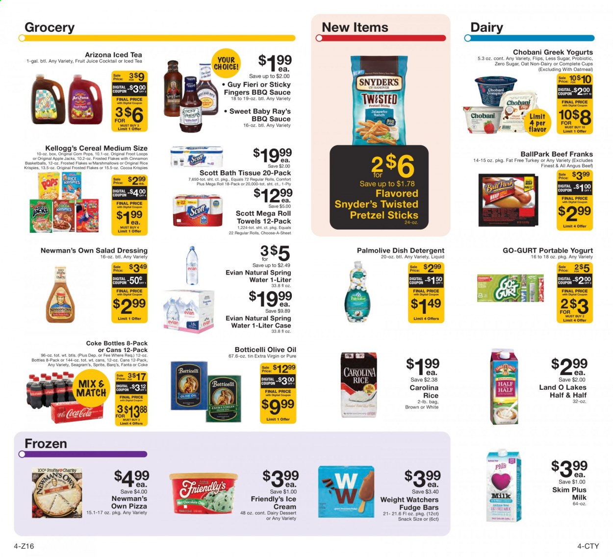 thumbnail - Fairway Market Flyer - 07/09/2021 - 07/15/2021 - Sales products - pretzels, pizza, sauce, yoghurt, Chobani, milk, ice cream, Friendly's Ice Cream, fudge, marshmallows, snack, Kellogg's, cocoa, oatmeal, oats, cereals, Rice Krispies, Frosted Flakes, Corn Pops, BBQ sauce, salad dressing, dressing, extra virgin olive oil, olive oil, oil, Coca-Cola, Sprite, juice, fruit juice, Fanta, ice tea, AriZona, spring water, Evian, beef meat, Half and half. Page 4.