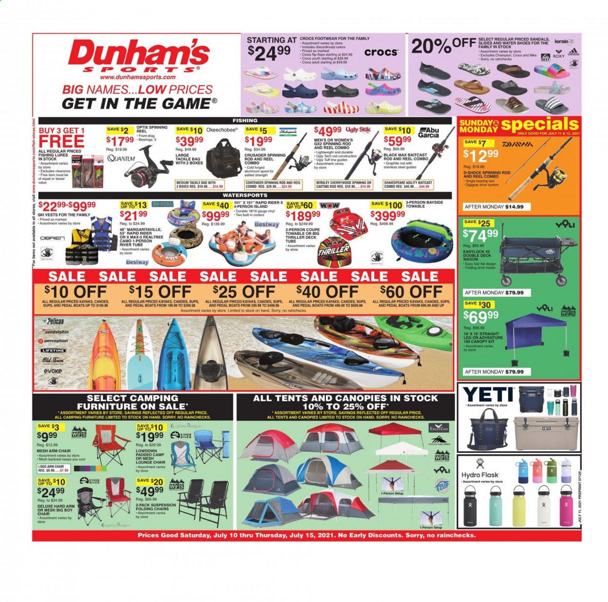 thumbnail - Dunham's Sports Flyer - 07/10/2021 - 07/15/2021 - Sales products - sandals, shoes, slides, Nike, water shoes, Roxy, bag, baitcast combo, holder, reel, tackle bag, drink holder. Page 1.