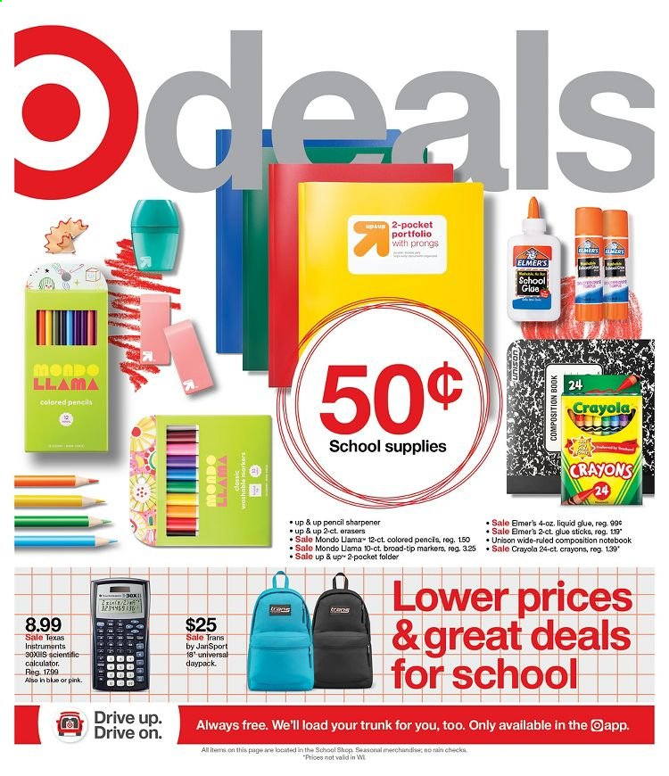 thumbnail - Target Flyer - 07/11/2021 - 07/17/2021 - Sales products - crayons, sharpener, glue, folder, calculator. Page 1.