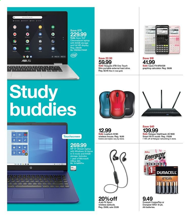 thumbnail - Target Flyer - 07/11/2021 - 07/17/2021 - Sales products - Intel, Office 365, Asus, Hewlett Packard, wine, calculator, Duracell, Energizer, aa batteries, mouse, Casio, laptop, chromebook, Logitech, Netgear, Seagate, earbuds. Page 25.