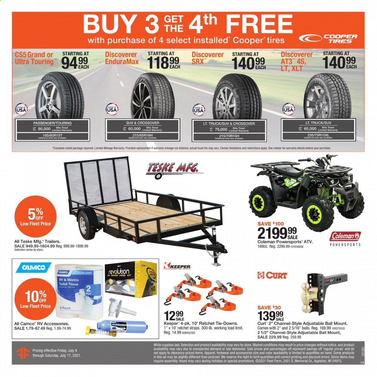 thumbnail - Fleet Farm Flyer - 07/09/2021 - 07/17/2021 - Sales products - Coleman, toilet paper, tote, tires, Cooper. Page 19.
