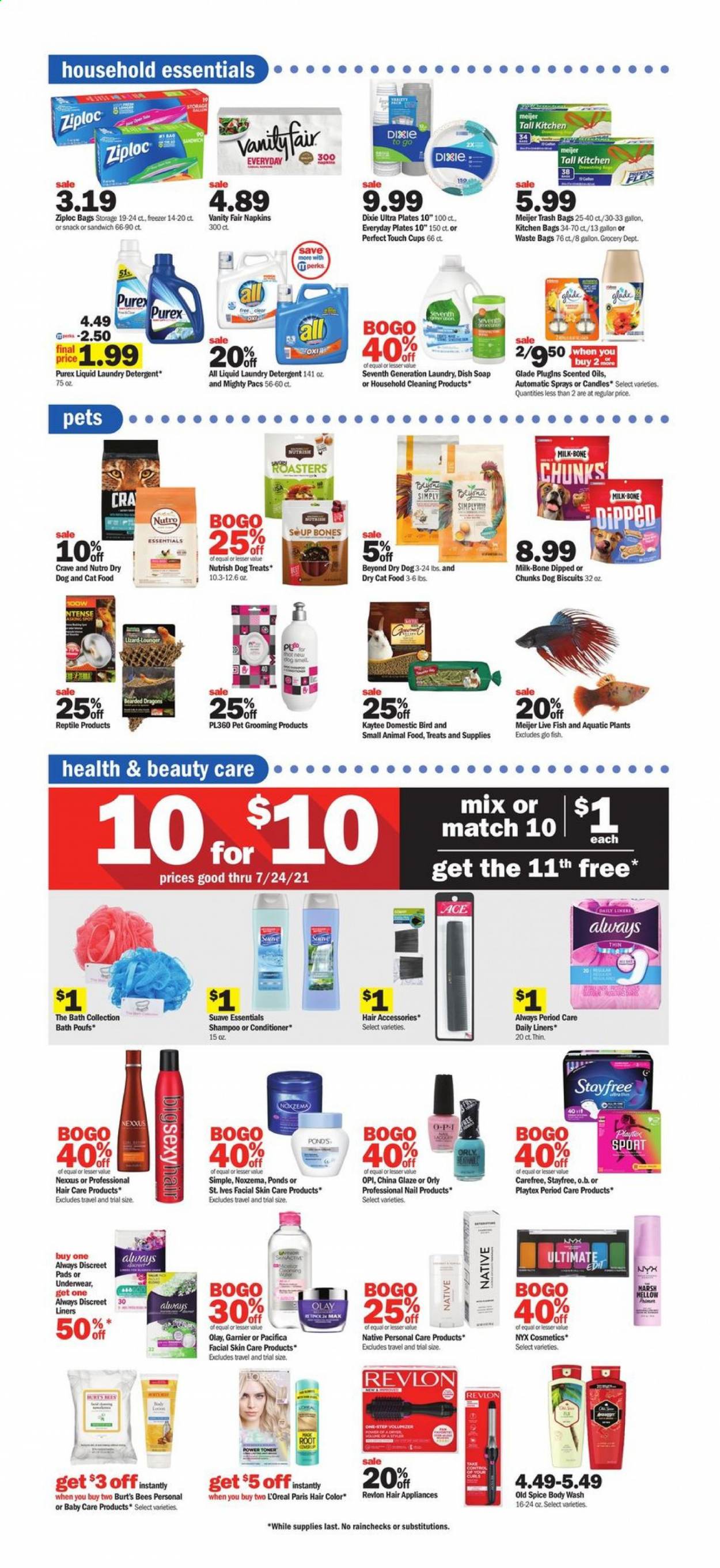 thumbnail - Meijer Flyer - 07/11/2021 - 07/17/2021 - Sales products - sandwich, milk, Ace, spice, napkins, detergent, laundry detergent, Purex, body wash, shampoo, Suave, Old Spice, soap, Stayfree, Playtex, sanitary pads, Always Discreet, Carefree, Garnier, L’Oréal, Olay, NYX Cosmetics, conditioner, Revlon, hair color, Nexxus, Ziploc, trash bags, gallon, plate, cup, candle, Glade, Kaytee, aquarium plant, animal food, animal treats, cat food, dog food, dog biscuits, dry cat food, Nutrish, toner, bag. Page 16.