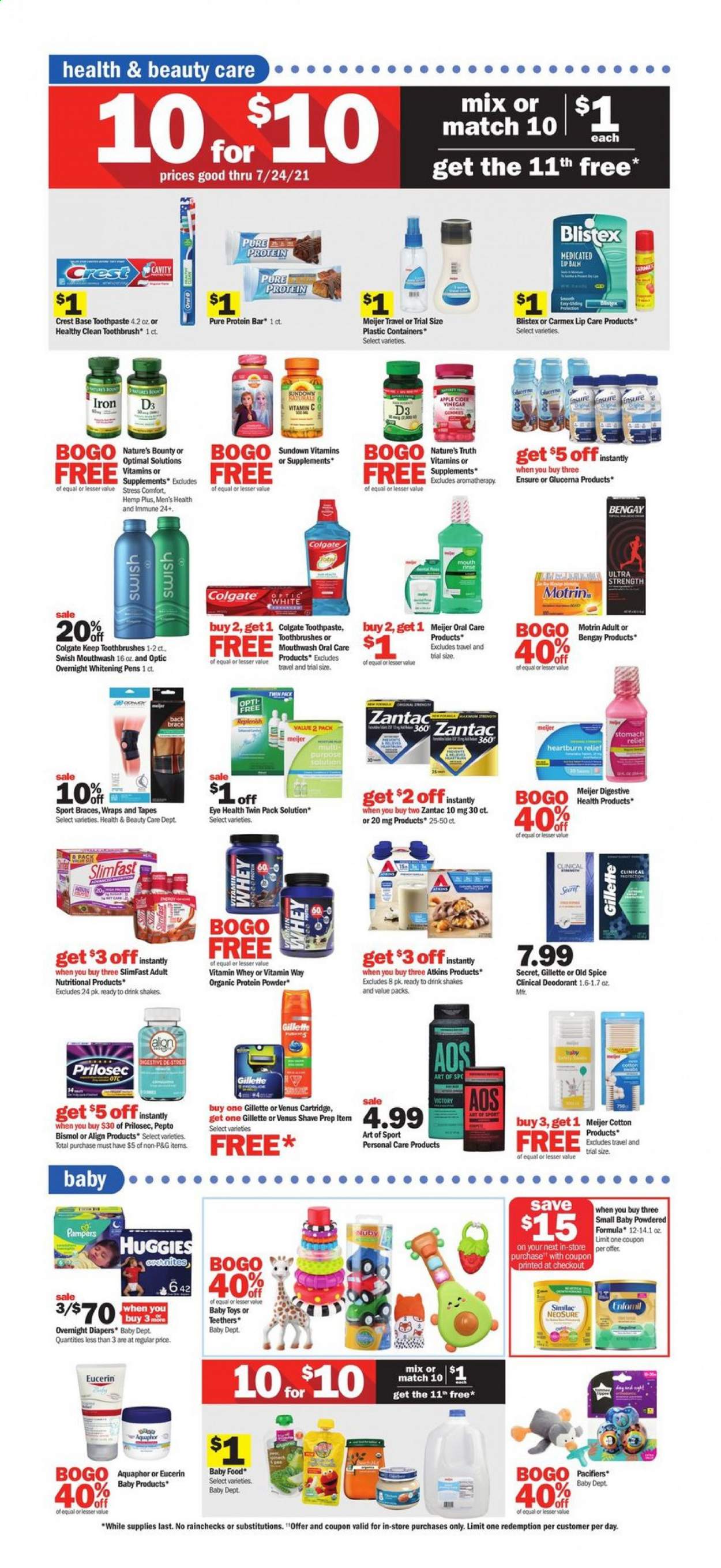 thumbnail - Meijer Flyer - 07/11/2021 - 07/17/2021 - Sales products - wraps, Slimfast, shake, protein bar, spice, apple cider vinegar, vinegar, Similac, Huggies, Pampers, nappies, Aquaphor, Old Spice, Colgate, toothbrush, toothpaste, mouthwash, Crest, lip balm, Eucerin, anti-perspirant, deodorant, Gillette, Venus, cartridge, Nature's Bounty, Nature's Truth, vitamin c, Zantac, Bengay, Glucerna, whey protein, vitamin D3, Motrin. Page 17.