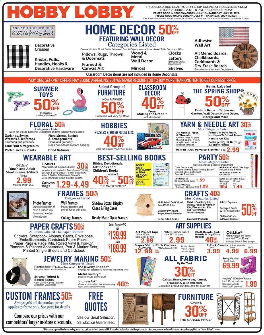 thumbnail - Hobby Lobby Flyer - 07/11/2021 - 07/17/2021 - Sales products - sticker, gift wrap, pen, envelope, paper, pencil, scrapbook, sketch pad, canvas, pillow, quilt, mirror, wall decor. Page 1.