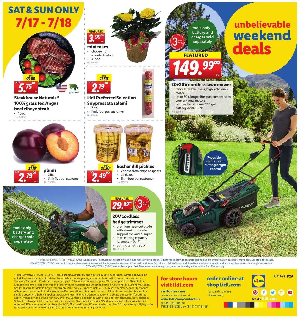 thumbnail - Lidl Flyer - 07/14/2021 - 07/20/2021 - Sales products - plums, salami, soppressata, chips, pickles, dill, beef meat, beef steak, steak, ribeye steak, trimmer, bag, Parkside, lawn mower, hedge trimmer, rose. Page 24.