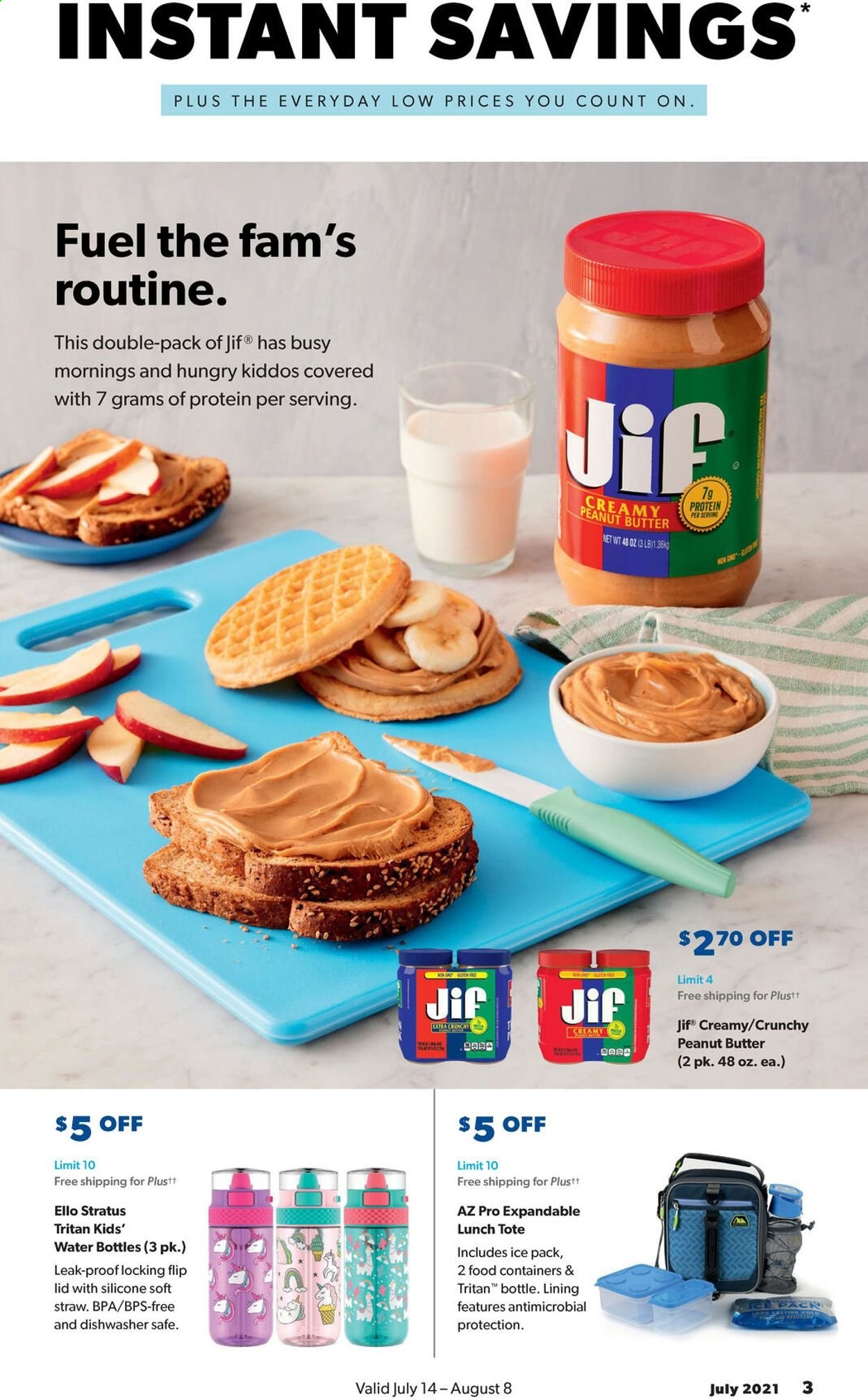 thumbnail - Sam's Club Flyer - 07/14/2021 - 08/08/2021 - Sales products - tote, peanut butter, Jif, lid, straw, drink bottle. Page 3.