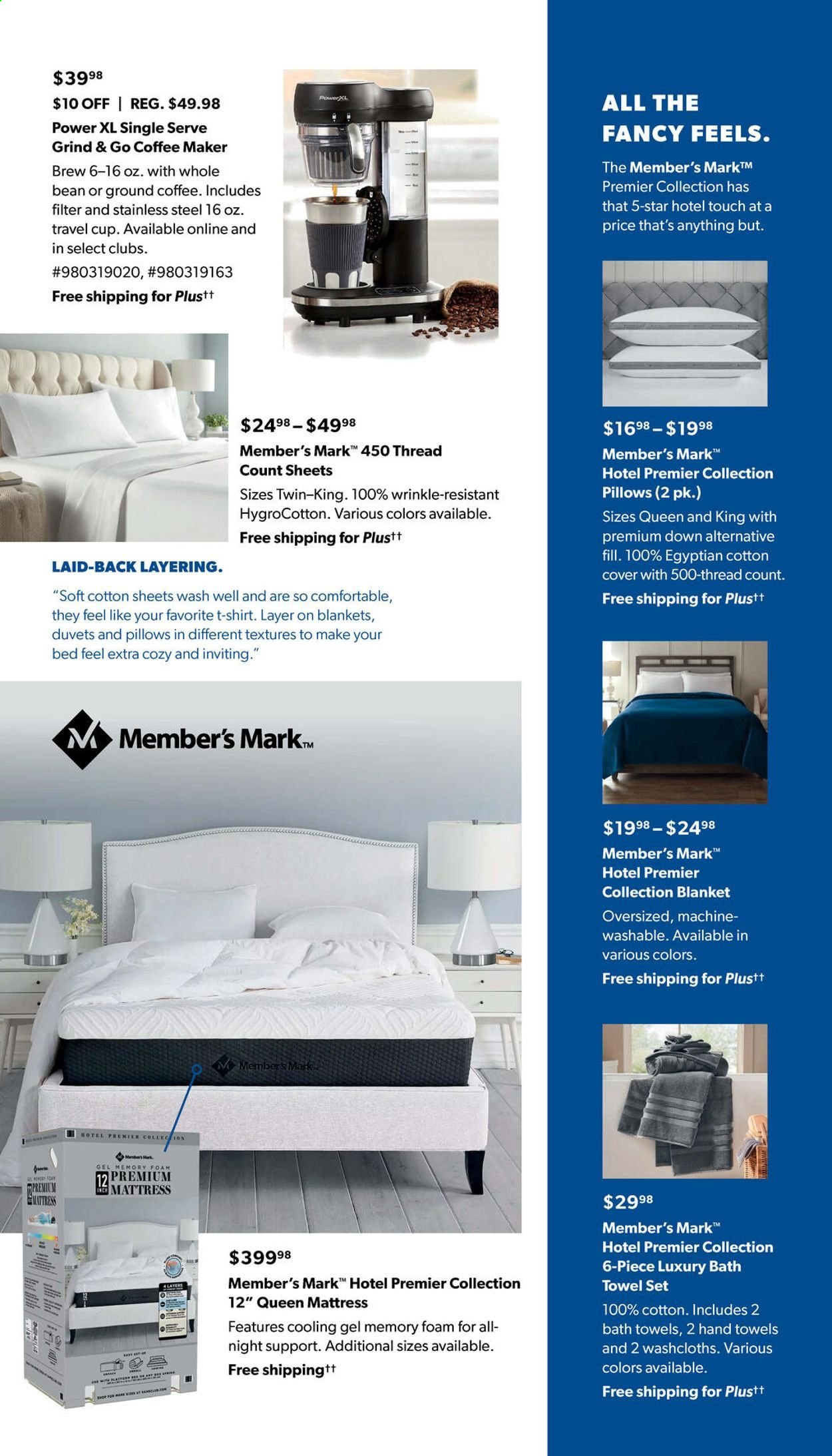 thumbnail - Sam's Club Flyer - 07/14/2021 - 08/08/2021 - Sales products - bed, mattress, ground coffee, cup, blanket, duvet, bath towel, towel, hand towel, coffee machine, t-shirt. Page 43.