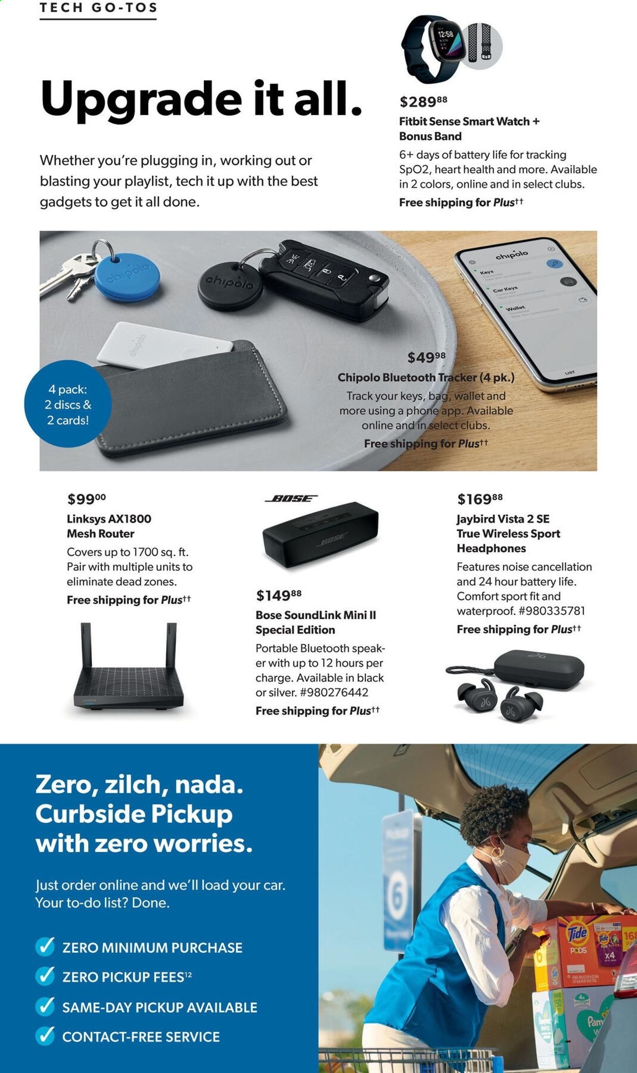 thumbnail - Sam's Club Flyer - 07/14/2021 - 08/08/2021 - Sales products - Tide, Linksys, wifi router, phone, Fitbit, smart watch, BOSE, Jaybird, headphones, wallet. Page 46.
