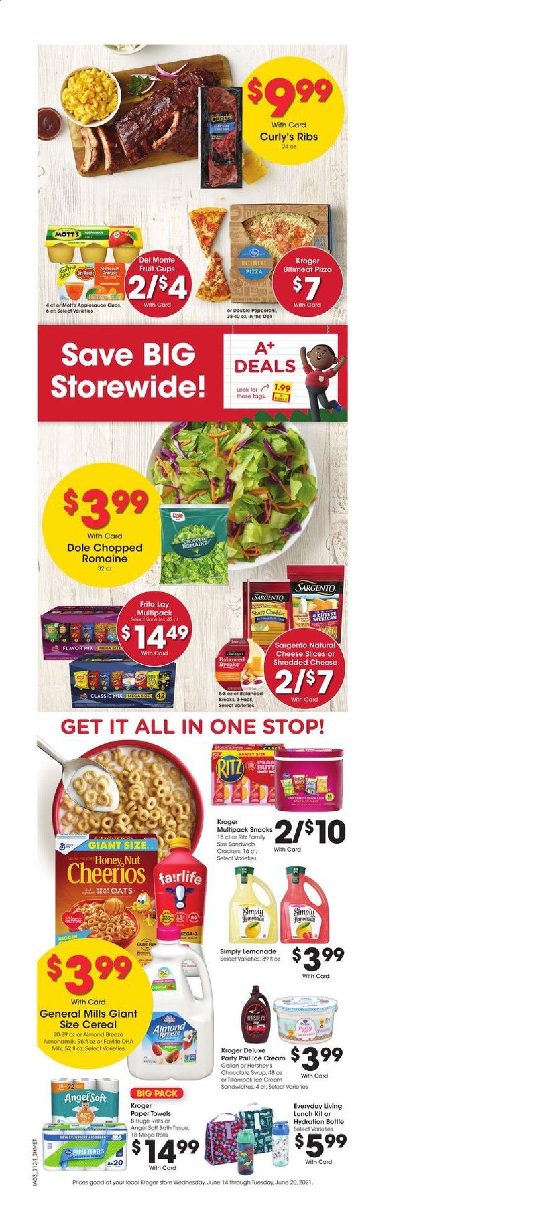 thumbnail - Kroger Flyer - 07/14/2021 - 07/20/2021 - Sales products - fruit cup, Dole, oranges, Mott's, pizza, shredded cheese, sliced cheese, Sargento, almond milk, milk, Almond Breeze, ice cream, ice cream sandwich, Hershey's, snack, crackers, RITZ, oats, cereals, Cheerios, apple sauce, chocolate syrup, syrup, lemonade, bath tissue, kitchen towels, paper towels, gallon, Sharp. Page 10.