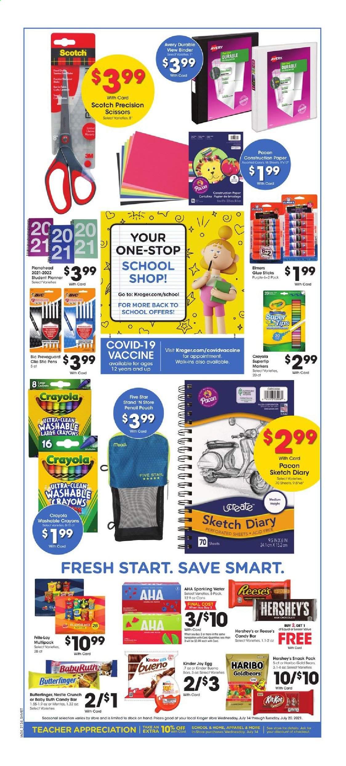 thumbnail - Kroger Flyer - 07/14/2021 - 07/20/2021 - Sales products - eggs, Reese's, Hershey's, milk chocolate, Nestlé, chocolate, Mentos, Haribo, Kinder Joy, Kinder Bueno, Frito-Lay, sparkling water, L'Or, BIC, crayons, glue, diary, scissors, paper, pencil. Page 11.
