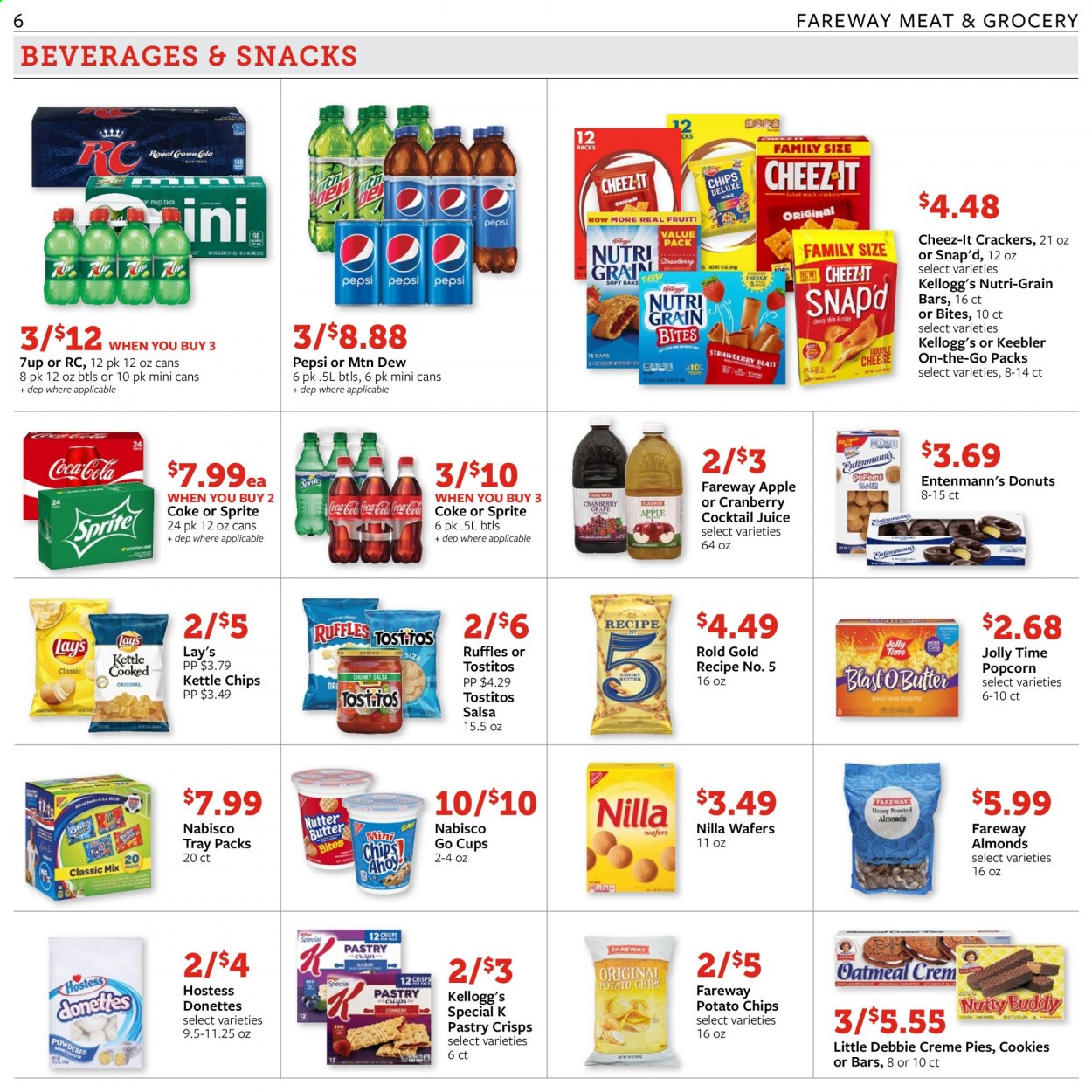 thumbnail - Fareway Flyer - 07/13/2021 - 07/19/2021 - Sales products - donut, Entenmann's, cookies, wafers, snack, crackers, Kellogg's, Nutri-Grain bars, Keebler, potato chips, chips, Lay’s, popcorn, Cheez-It, Ruffles, Tostitos, Nutri-Grain, salsa, almonds, Coca-Cola, Mountain Dew, Sprite, Pepsi, juice, 7UP. Page 6.