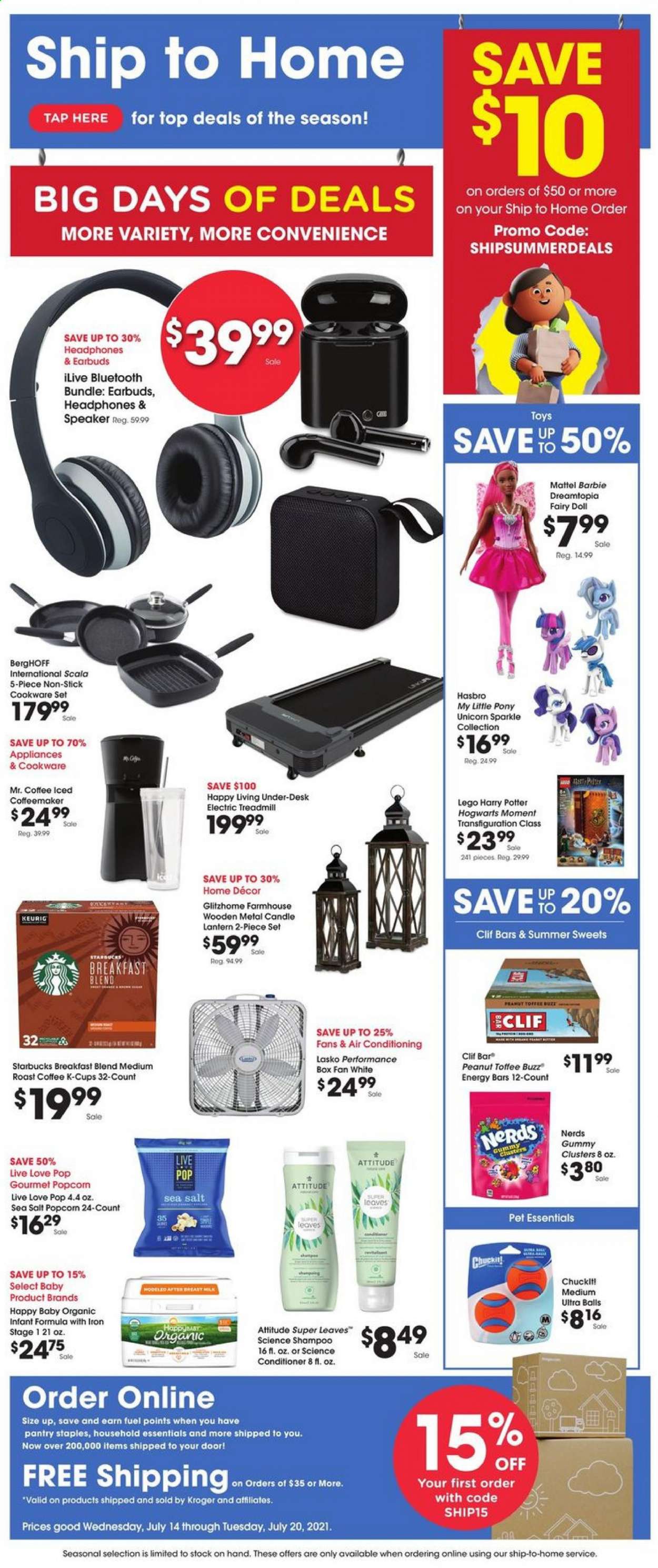 thumbnail - Baker's Flyer - 07/14/2021 - 07/20/2021 - Sales products - toffee, popcorn, sea salt, energy bar, coffee, Starbucks, coffee capsules, K-Cups, Keurig, breakfast blend, Fairy, shampoo, conditioner, Barbie, cookware set, Harry Potter, Hogwarts, candle, Chucklt!, speaker, headphones, earbuds, wall fan, iron, lantern, doll, LEGO, LEGO Harry Potter, Mattel, Hasbro, toys. Page 1.