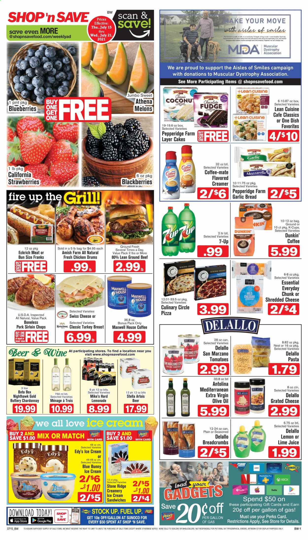 thumbnail - Shop ‘n Save Flyer - 07/15/2021 - 07/21/2021 - Sales products - Stella Artois, bread, cake, turnovers, breadcrumbs, tomatoes, blackberries, blueberries, strawberries, Welch's, beef meat, ground beef, pork loin, pizza, pasta sauce, Barilla, Lean Cuisine, shredded cheese, swiss cheese, grated cheese, Coffee-Mate, milk, creamer, ice cream, ice cream sandwich, Nestlé, wafers, snack, jelly, pretzel crisps, baked beans, extra virgin olive oil, olive oil, oil, fruit jam, lemonade, 7UP, Maxwell House, Starbucks, coffee capsules, K-Cups, white wine, Chardonnay, beer, melons. Page 1.