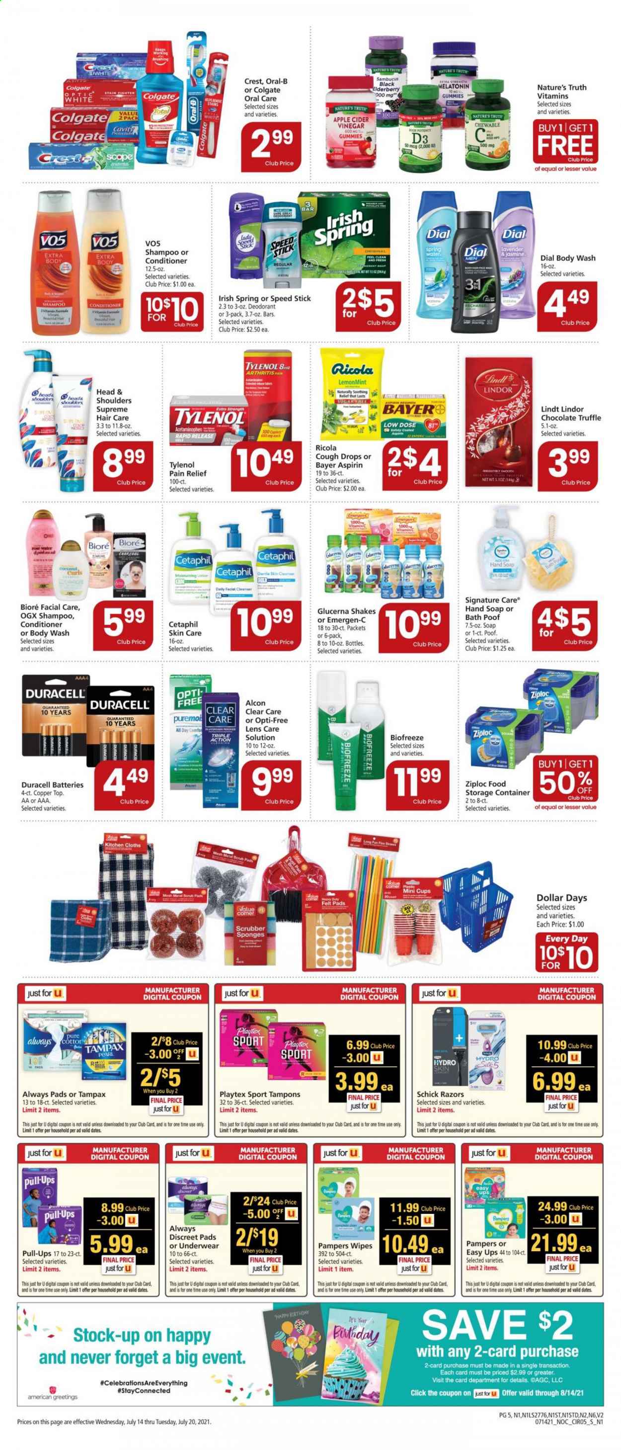 thumbnail - Safeway Flyer - 07/14/2021 - 07/20/2021 - Sales products - shake, ricola, chocolate, Lindt, Lindor, truffles, Ace, vinegar, spring water, rosé wine, wipes, body wash, shampoo, hand soap, Dial, soap, Colgate, Oral-B, Crest, Tampax, Playtex, Always pads, sanitary pads, Always Discreet, tampons, cleanser, Bioré®, OGX, conditioner, Head & Shoulders, VO5, body lotion, Schick, Ziploc, sponge, storage box, Clear Care, Melatonin, Nature's Truth, Tylenol, vitamin c, pain relief, Glucerna, Emergen-C, vitamin D3, cough drops, Low Dose, aspirin, Bayer. Page 5.