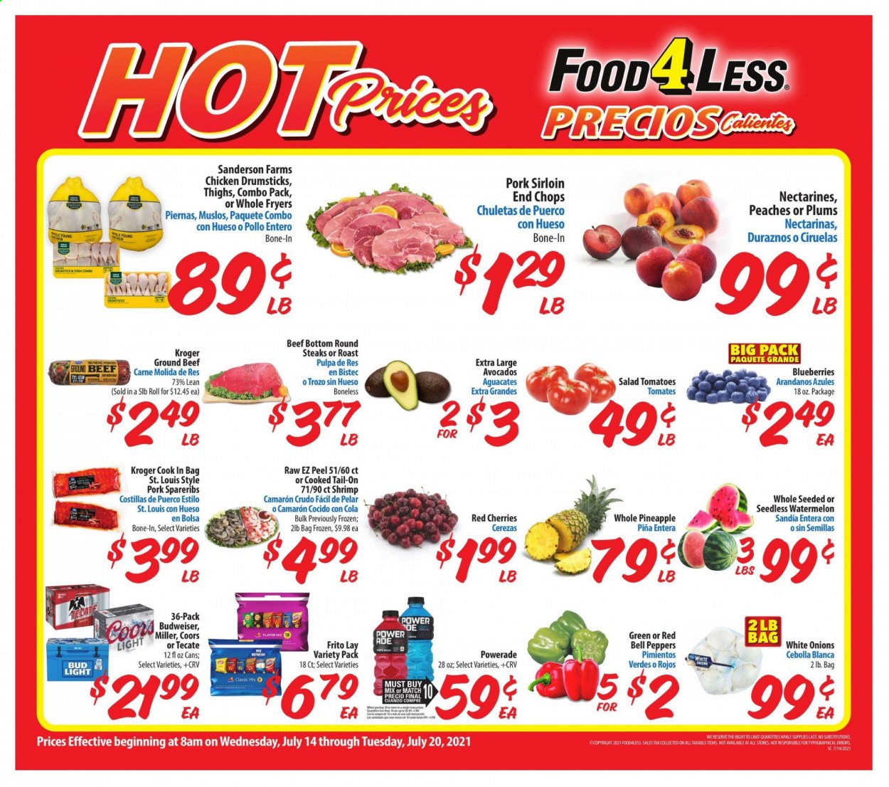thumbnail - Food 4 Less Flyer - 07/14/2021 - 07/20/2021 - Sales products - Budweiser, Coors, plums, bell peppers, tomatoes, salad, peppers, avocado, blueberries, watermelon, pineapple, cherries, shrimps, Powerade, beer, Bud Light, Miller, Sol, chicken drumsticks, beef meat, ground beef, steak, pork loin, pork spare ribs, nectarines, peaches. Page 1.