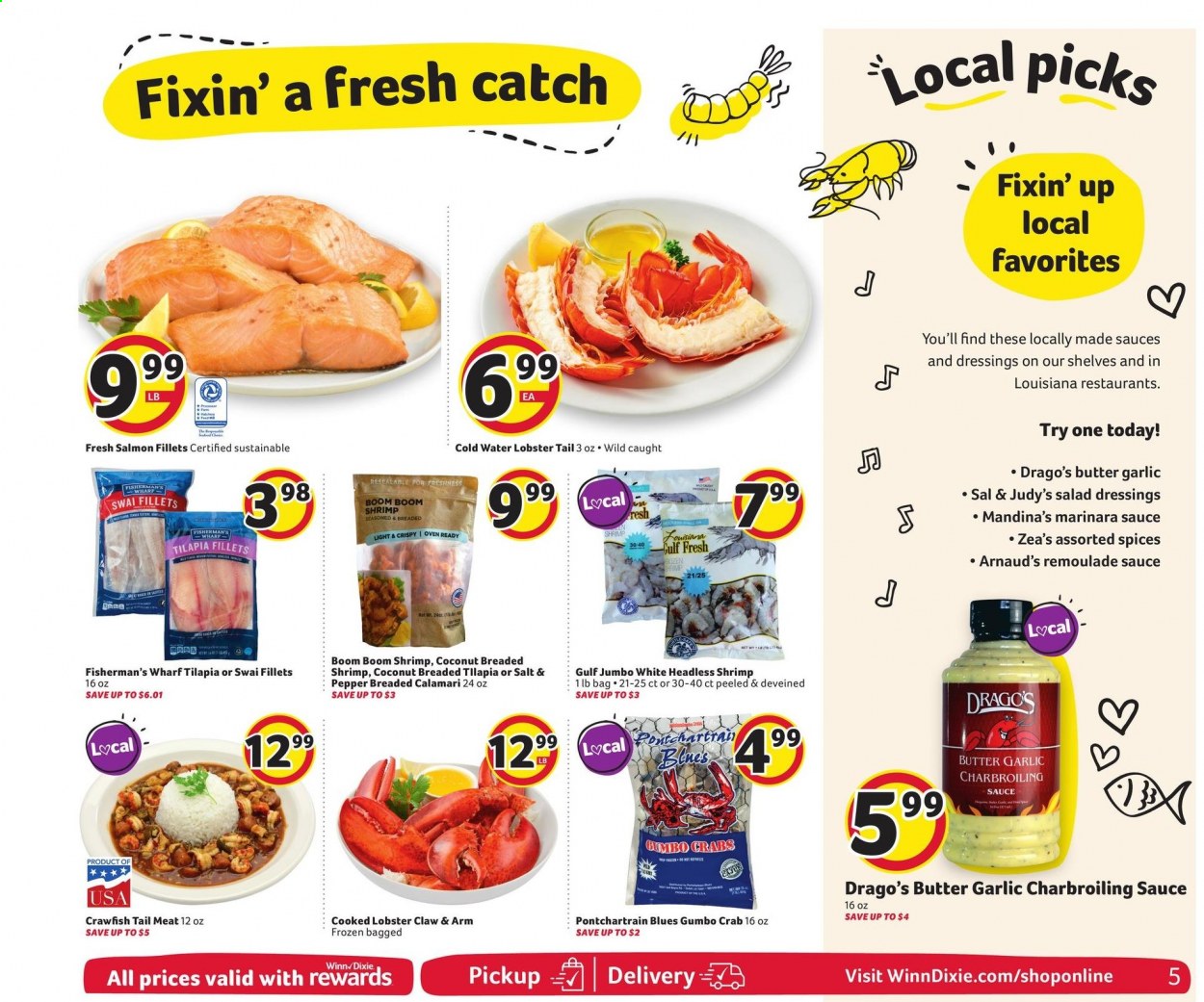 thumbnail - Winn Dixie Flyer - 07/14/2021 - 07/20/2021 - Sales products - calamari, lobster, salmon, salmon fillet, tilapia, crab, lobster tail, shrimps, swai fillet, crawfish, salad dressing. Page 5.