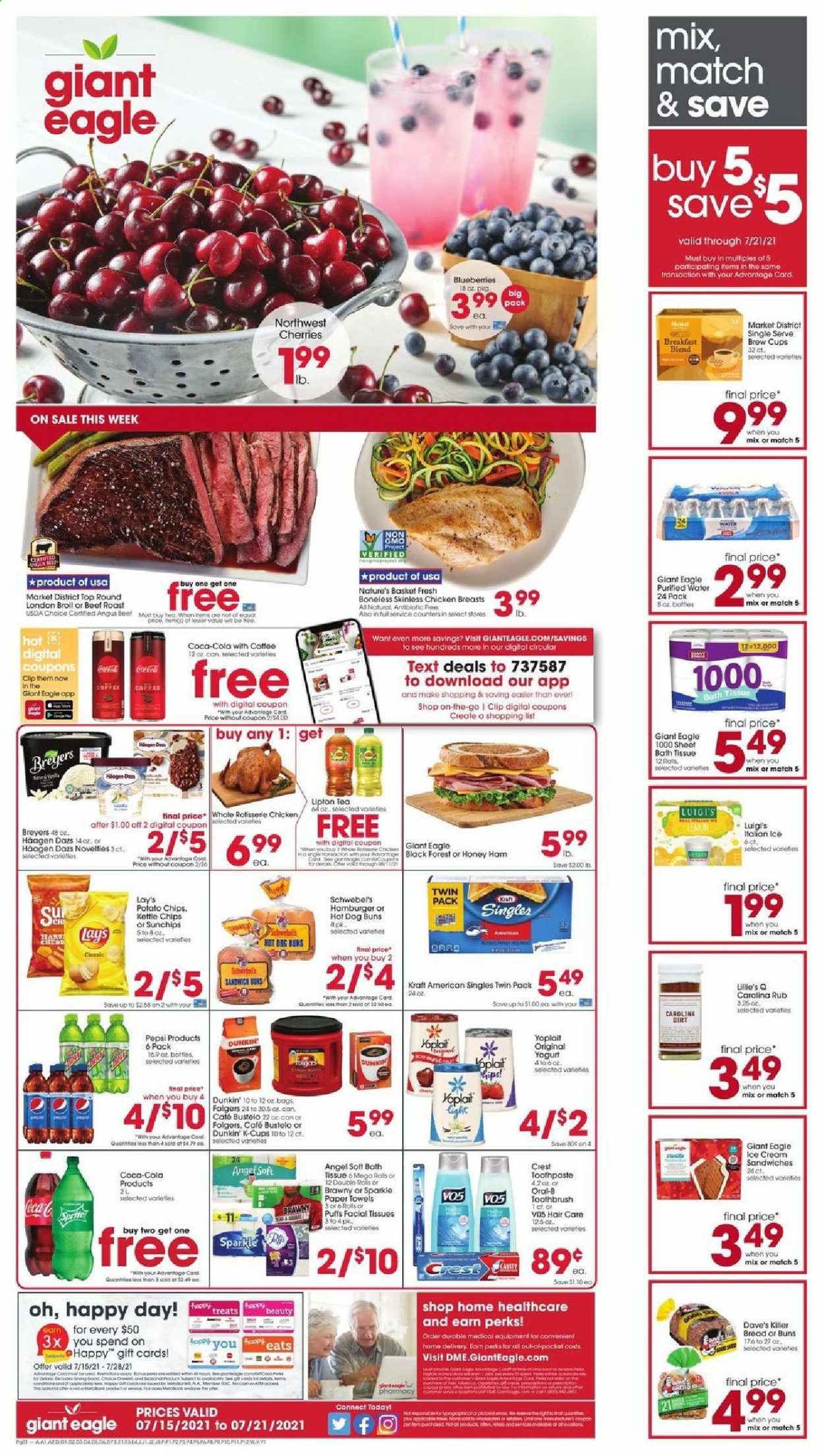 thumbnail - Giant Eagle Flyer - 07/15/2021 - 07/21/2021 - Sales products - buns, bread, puffs, blueberries, cherries, cod, Kraft®, ham, Yoplait, yoghurt, ice cream sandwich, ice cream, Häagen-Dazs, Lay’s, potato chips, chips, Pepsi, Lipton, Coca-Cola, purified water, tea, Folgers, K-Cups, coffee capsules, breakfast blend, coffee, chicken breasts, roast beef, beef meat, bath tissue, toothbrush, Oral-B, toothpaste, Crest, facial tissues, VO5, basket, pen, paper. Page 1.