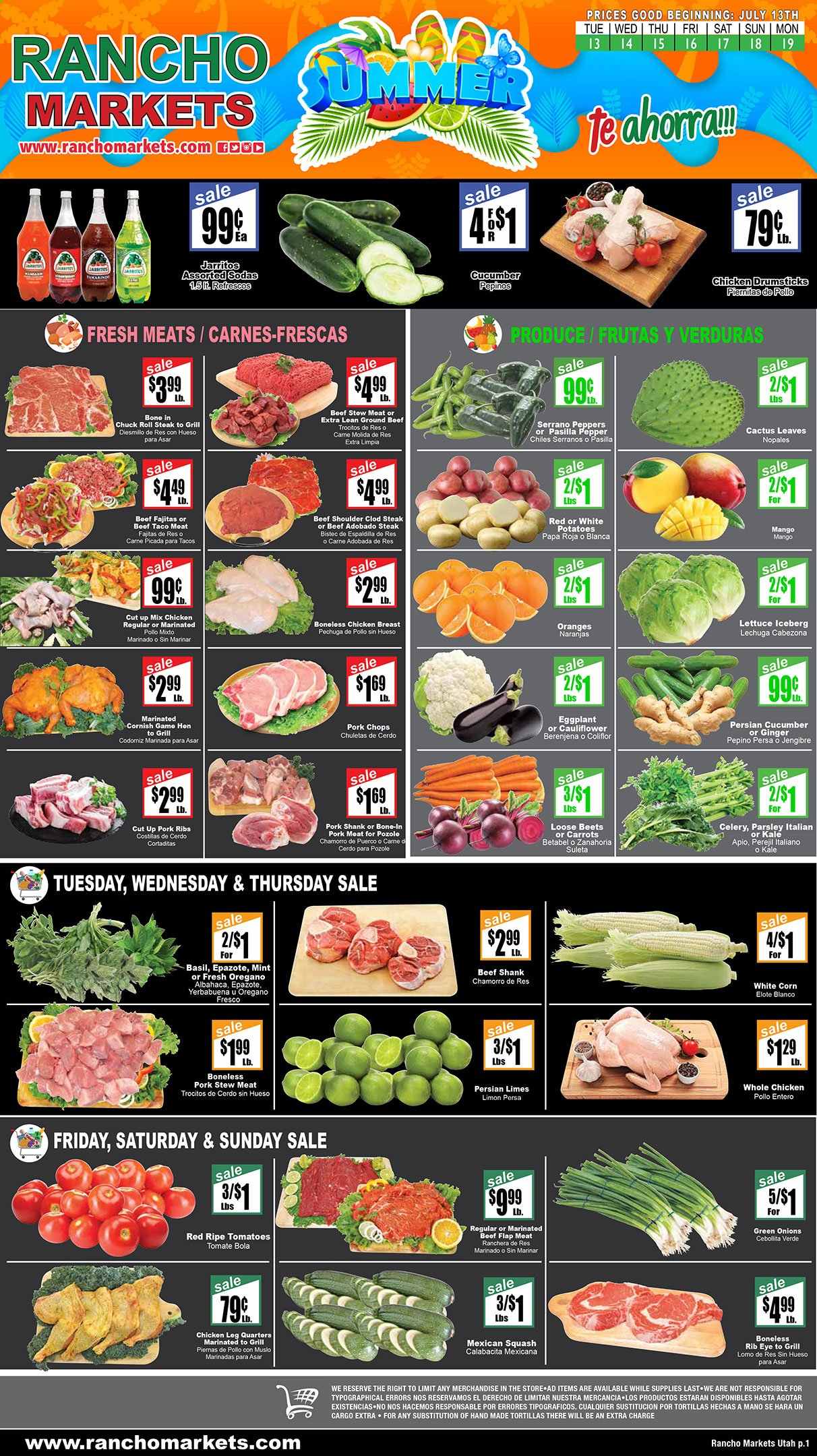 thumbnail - Rancho Markets Flyer - 07/13/2021 - 07/19/2021 - Sales products - stew meat, tortillas, carrots, cauliflower, corn, ginger, tomatoes, kale, potatoes, parsley, lettuce, peppers, eggplant, green onion, mexican squash, limes, mango, oranges, fajita, esponja, whole chicken, chicken breasts, chicken legs, chicken drumsticks, beef meat, beef shank, ground beef, steak, chuck steak, pork chops, pork meat, pork ribs, pasilla. Page 1.