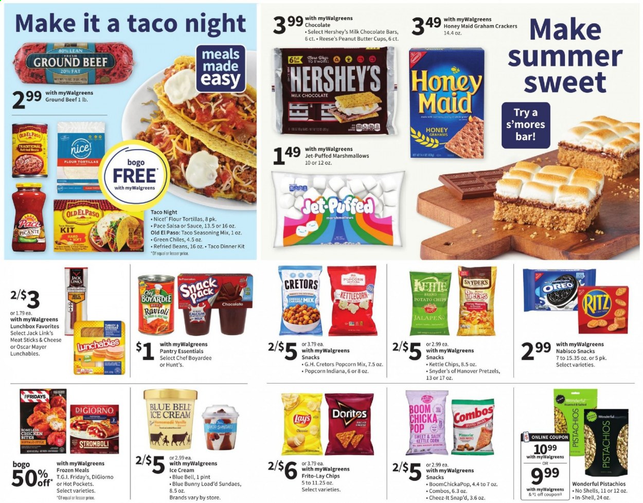 thumbnail - Walgreens Flyer - 07/18/2021 - 07/24/2021 - Sales products - tortillas, pretzels, Old El Paso, flour tortillas, ground beef, ravioli, hot pocket, dinner kit, Lunchables, Oscar Mayer, Oreo, ice cream, Reese's, Hershey's, Blue Bell, Blue Bunny, chicken bites, graham crackers, marshmallows, milk chocolate, snack, crackers, peanut butter cups, RITZ, chocolate bar, Doritos, kettle corn, potato chips, Lay’s, popcorn, Frito-Lay, Nice!, Cheez-It, Jack Link's, refried beans, jalapeño, Chef Boyardee, Honey Maid, mustard, honey mustard, salsa, pistachios, Jet. Page 5.
