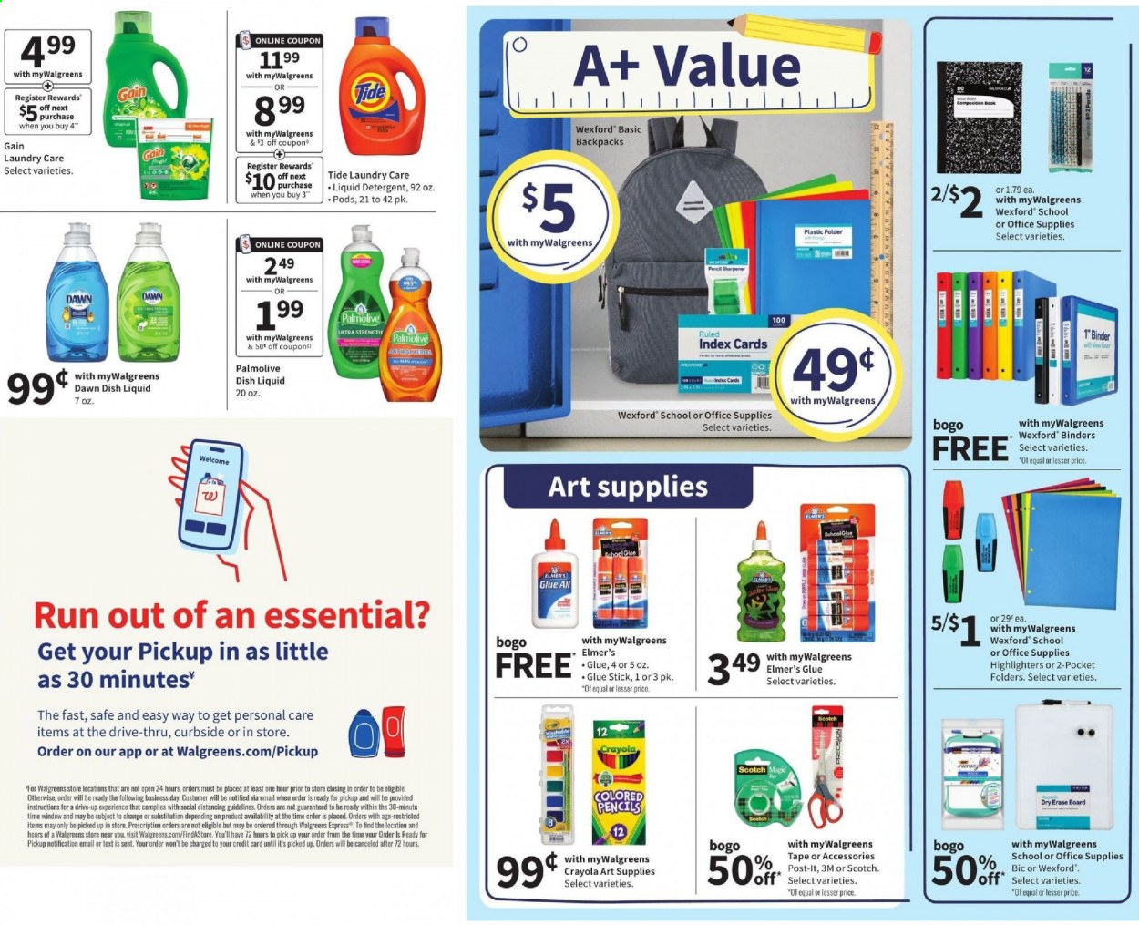 thumbnail - Walgreens Flyer - 07/18/2021 - 07/24/2021 - Sales products - detergent, Gain, Tide, liquid detergent, dishwashing liquid, Palmolive, BIC, crayons, sharpener, glue, glue stick, folder, Post-It. Page 7.