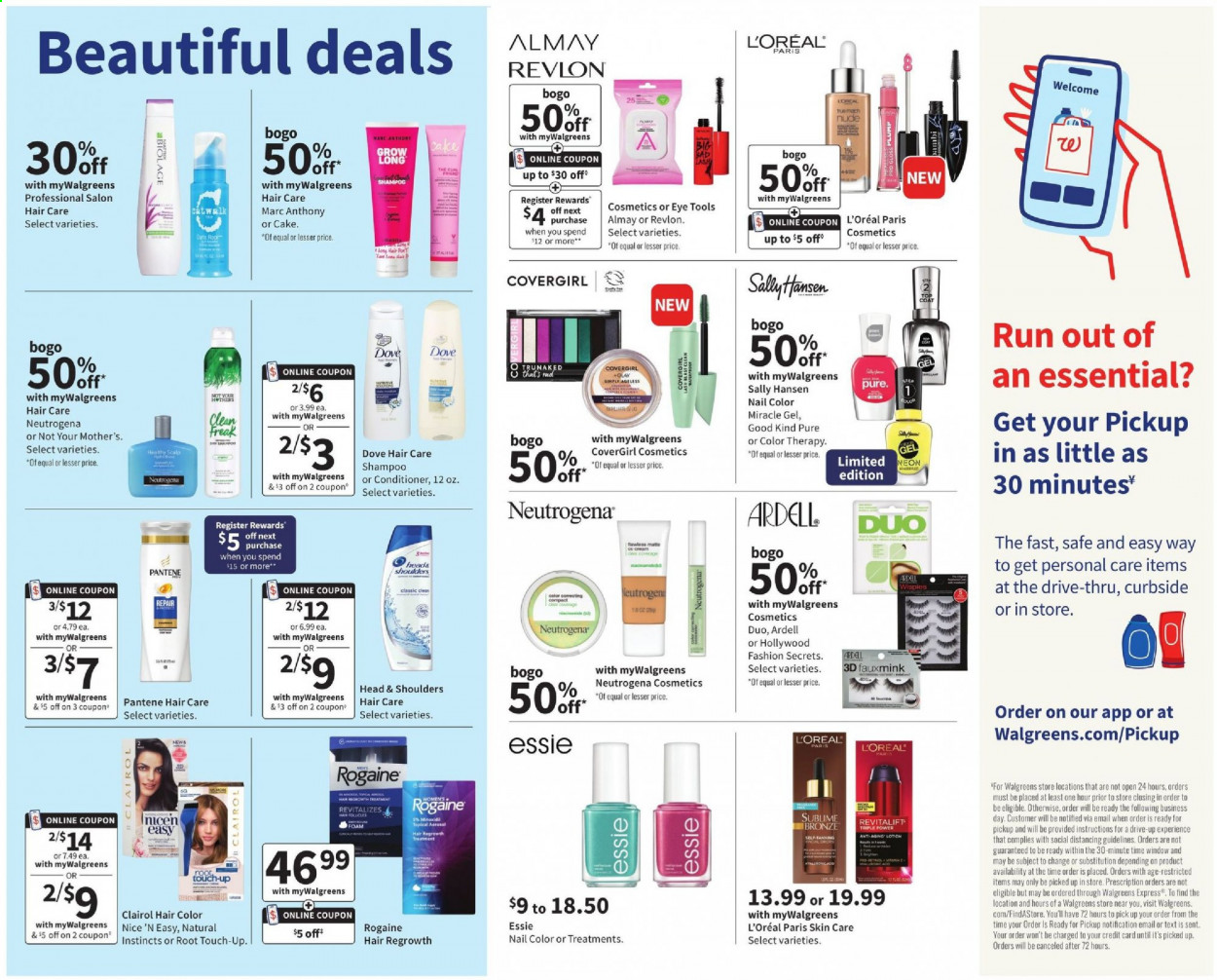 thumbnail - Walgreens Flyer - 07/18/2021 - 07/24/2021 - Sales products - cake, Dove, shampoo, Almay, L’Oréal, Neutrogena, Olay, Root Touch-Up, Clairol, conditioner, Revlon, Head & Shoulders, Pantene, hair color, body lotion, nail enamel, Sally Hansen. Page 10.