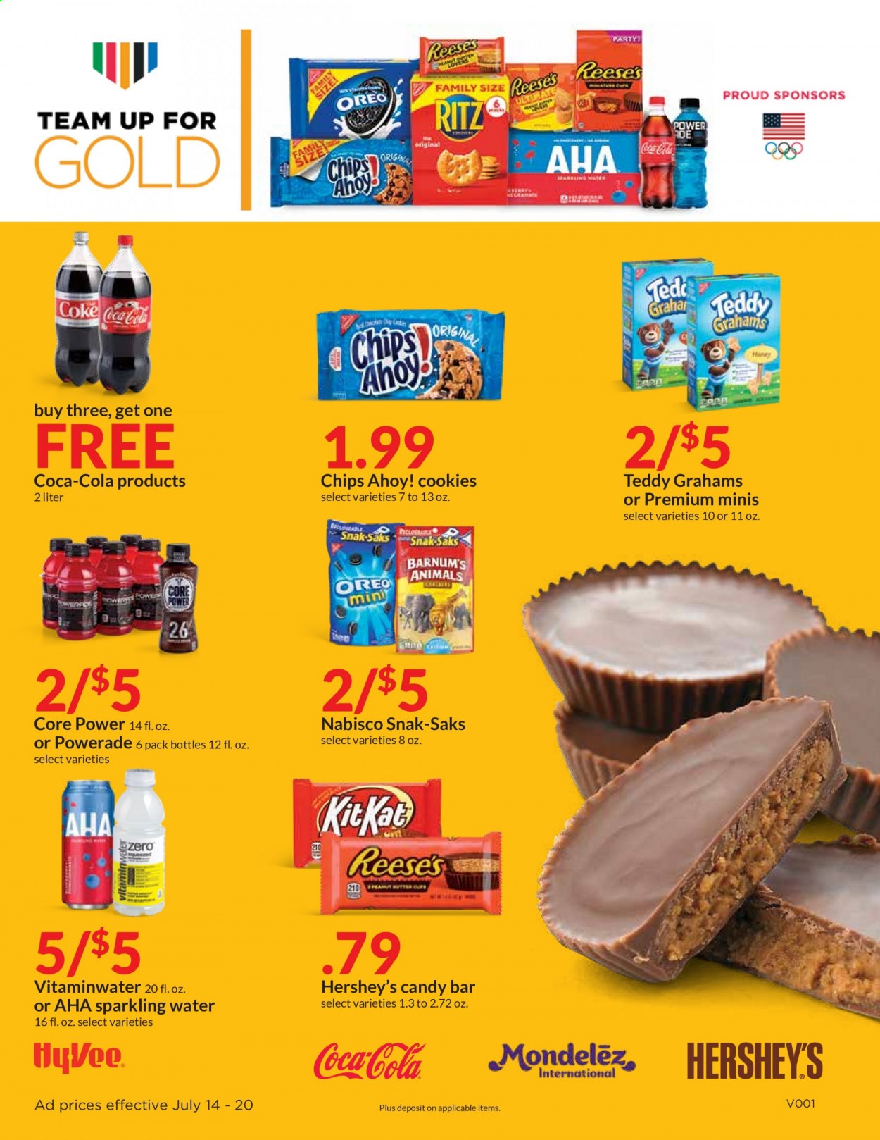 thumbnail - Hy-Vee Flyer - 07/14/2021 - 07/20/2021 - Sales products - Oreo, Core Power, Reese's, Hershey's, cookies, KitKat, Chips Ahoy!, RITZ, chips, Coca-Cola, Powerade, sparkling water, teddy. Page 1.