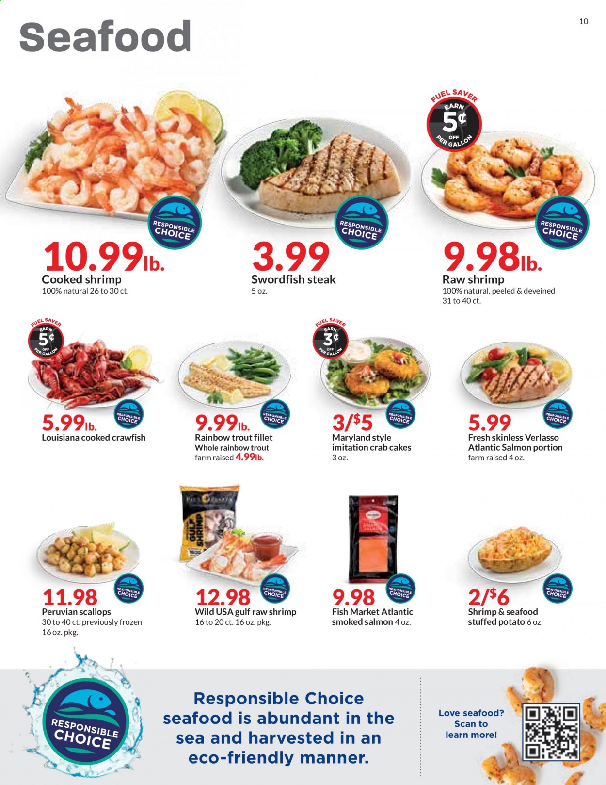 thumbnail - Hy-Vee Flyer - 07/14/2021 - 07/20/2021 - Sales products - salmon, scallops, smoked salmon, swordfish, trout, seafood, shrimps, crab cake, crawfish, steak. Page 10.