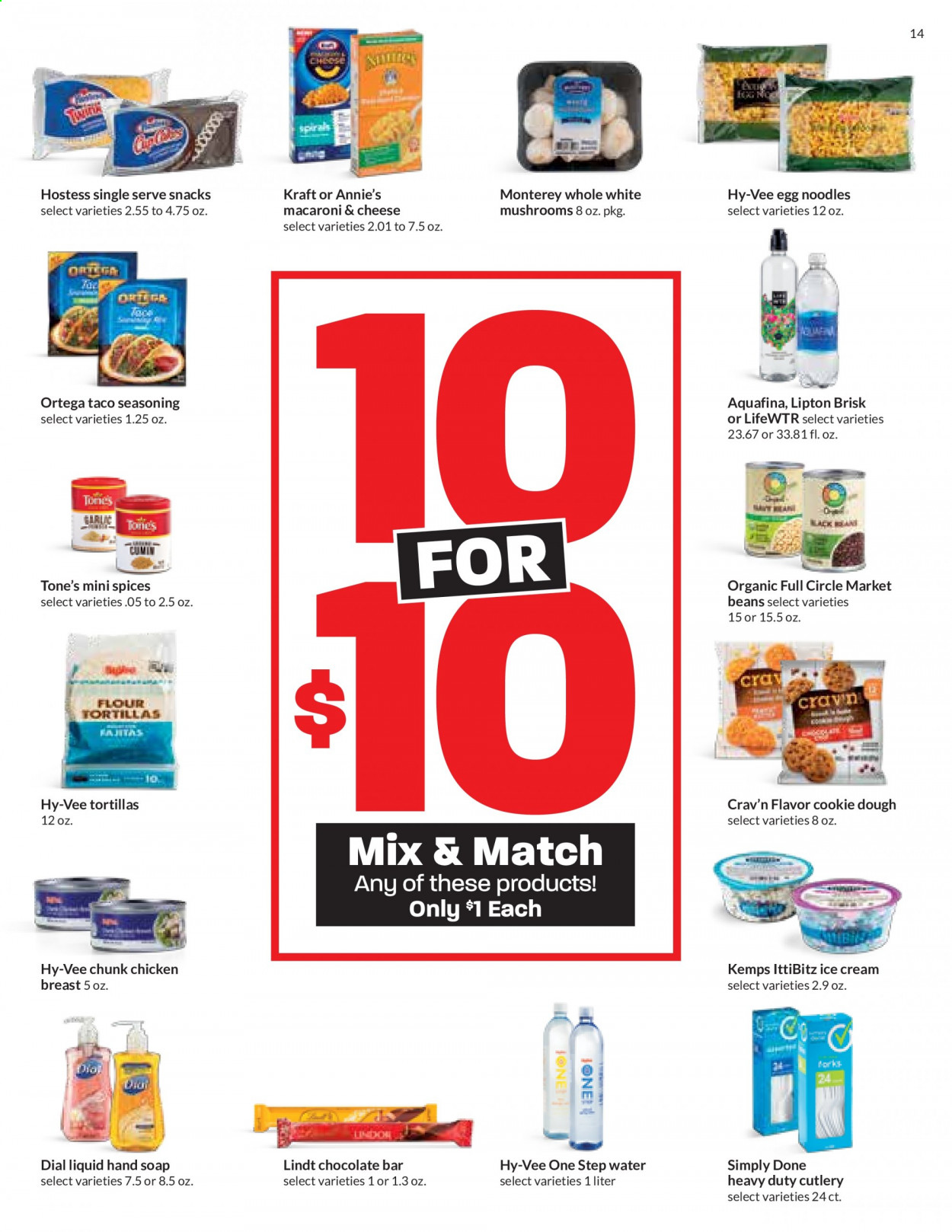 thumbnail - Hy-Vee Flyer - 07/14/2021 - 07/20/2021 - Sales products - mushrooms, tortillas, beans, macaroni & cheese, noodles, Annie's, Kraft®, Kemps, ice cream, cookie dough, snack, Lindt, chocolate bar, egg noodles, spice, Lipton, Aquafina, Lifewtr, hand soap, Dial, soap. Page 14.