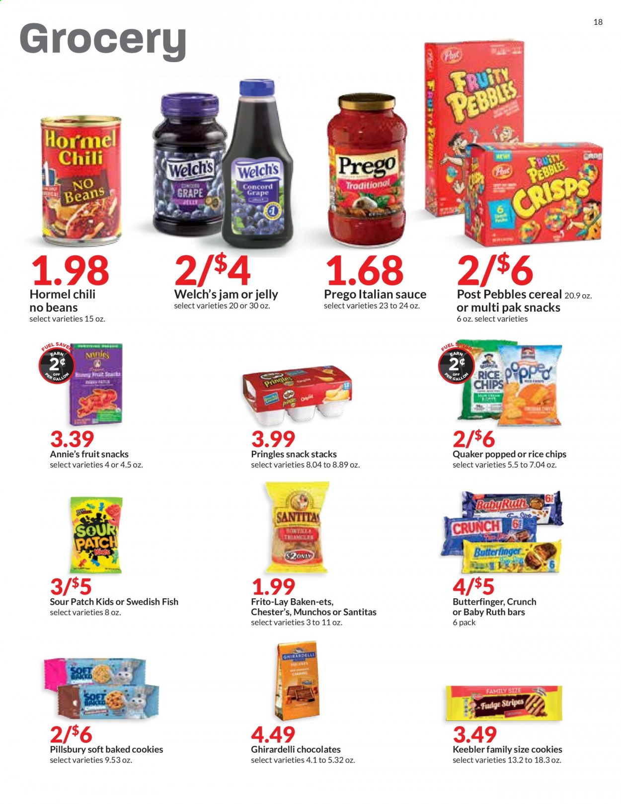 thumbnail - Hy-Vee Flyer - 07/14/2021 - 07/20/2021 - Sales products - beans, Welch's, sauce, Pillsbury, Quaker, Annie's, Hormel, cookies, chocolate, jelly, fruit snack, Ghirardelli, Keebler, Sour Patch, Pringles, chips, Frito-Lay, cereals, rice, fruit jam. Page 18.