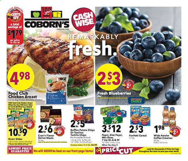thumbnail - Coborn's Flyer - 07/14/2021 - 07/20/2021 - Sales products - blueberries, Knorr, creamer, tortilla chips, potato chips, chips, Ruffles, Tostitos, cereals, salsa, Mountain Dew, Pepsi, Diet Pepsi, 7UP, chicken breasts, gallon. Page 1.
