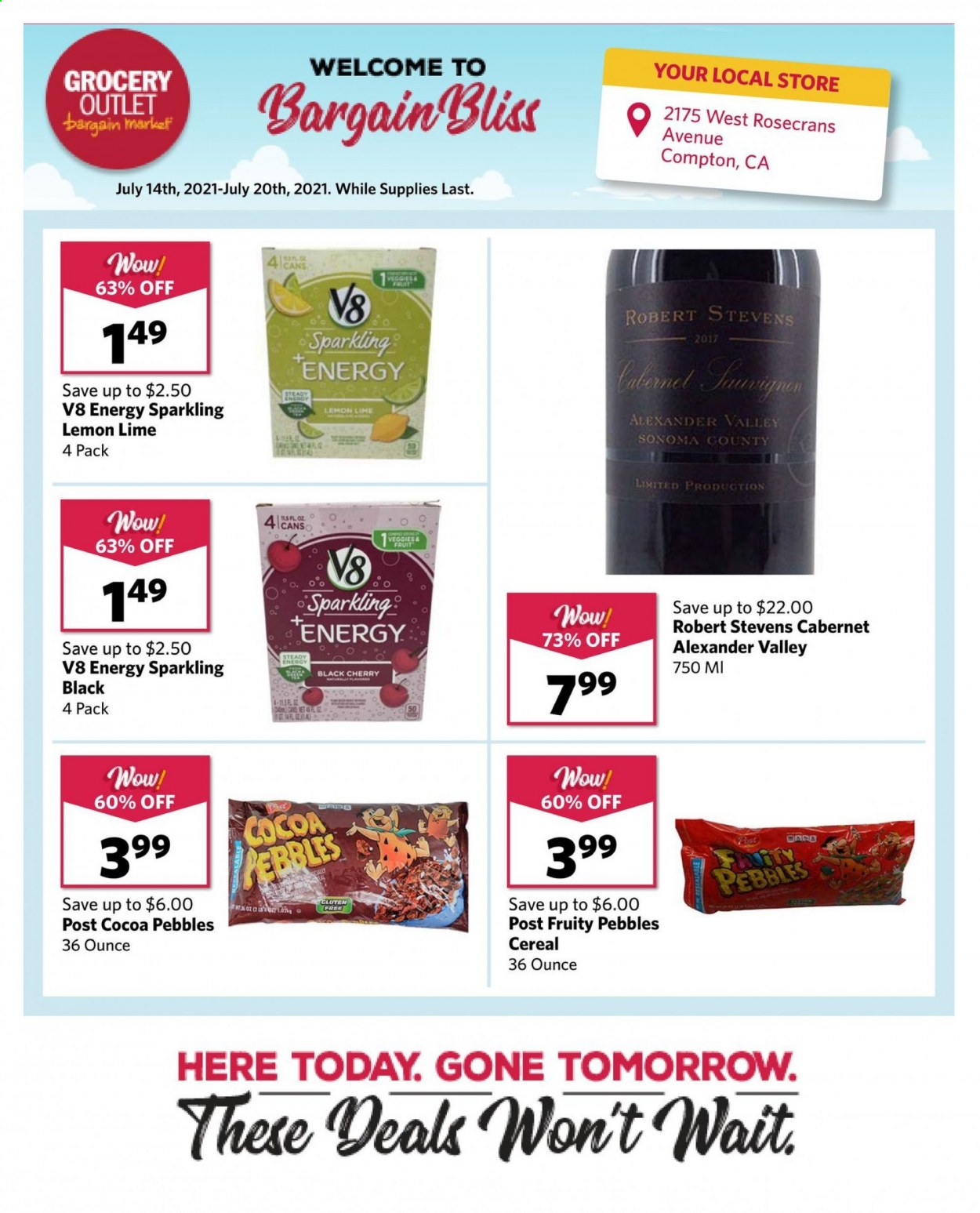 thumbnail - Grocery Outlet Flyer - 07/14/2021 - 07/20/2021 - Sales products - cherries, cereals, Fruity Pebbles, Cabernet Sauvignon. Page 1.