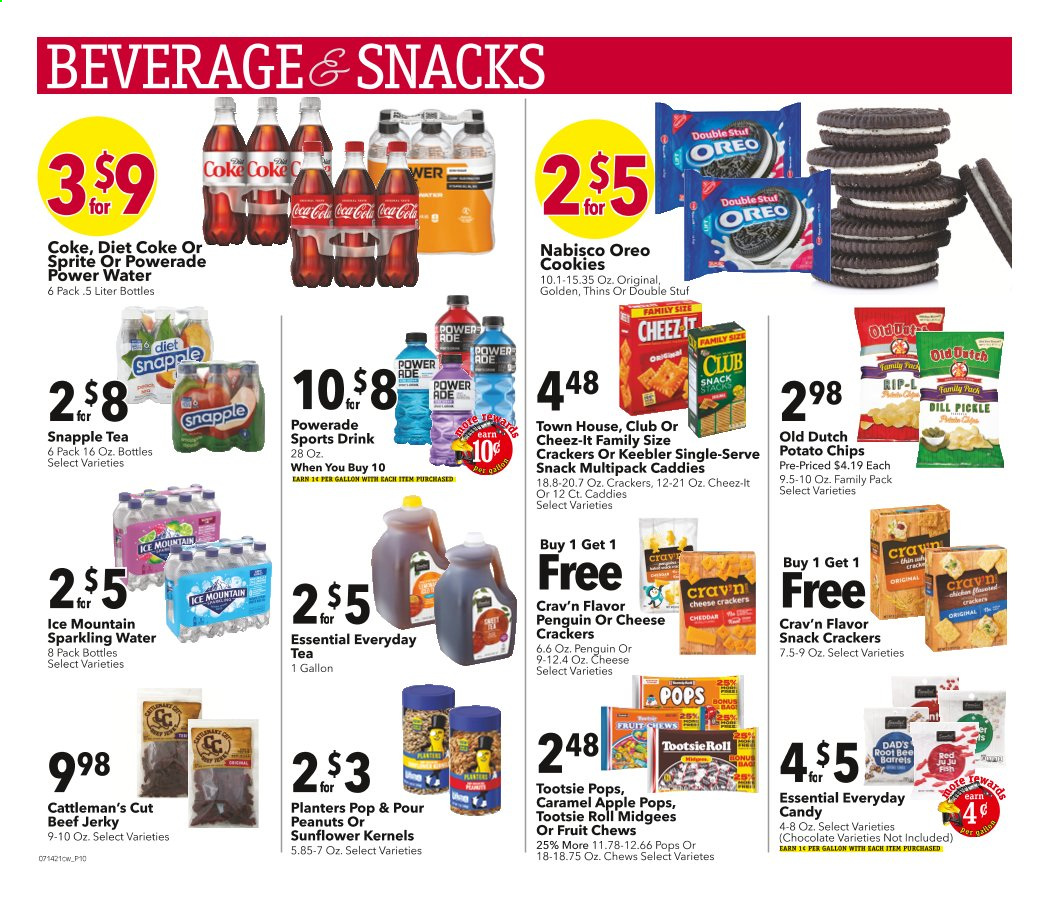 thumbnail - Cash Wise Flyer - 07/14/2021 - 07/20/2021 - Sales products - beef jerky, jerky, Oreo, cookies, chocolate, snack, crackers, chewing gum, Keebler, dill pickle, potato chips, chips, Thins, Cheez-It, dill, peanuts, sunflower kernels, Planters, Coca-Cola, Sprite, Powerade, Diet Coke, Snapple, sparkling water, Ice Mountain, tea. Page 10.