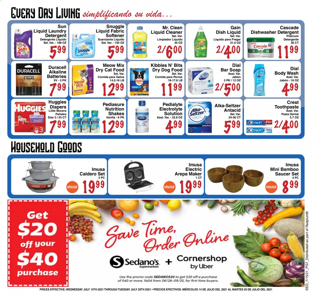 thumbnail - Sedano's Flyer - 07/14/2021 - 07/20/2021 - Sales products - tortillas, donut, corn, peas, peppers, red peppers, tuna, macaroni & cheese, pasta sauce, sauce, Kraft®, milk, condensed milk, wafers, Nutella, chocolate, crackers, Kellogg's, bread sticks, potato chips, chips, Lay’s, popcorn, Ruffles, croutons, light tuna, Goya, cereals, rice, toor dal, dry beans, long grain rice, salsa, extra virgin olive oil, wine vinegar, olive oil, oil, grape seed oil, hazelnut spread, powder drink, instant coffee, Folgers, ground coffee, coffee capsules, K-Cups, Nature's Own, Go!. Page 7.