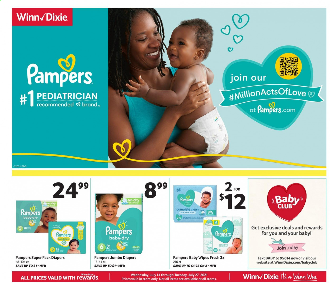 thumbnail - Winn Dixie Flyer - 07/14/2021 - 07/27/2021 - Sales products - wipes, Pampers, baby wipes, nappies. Page 1.