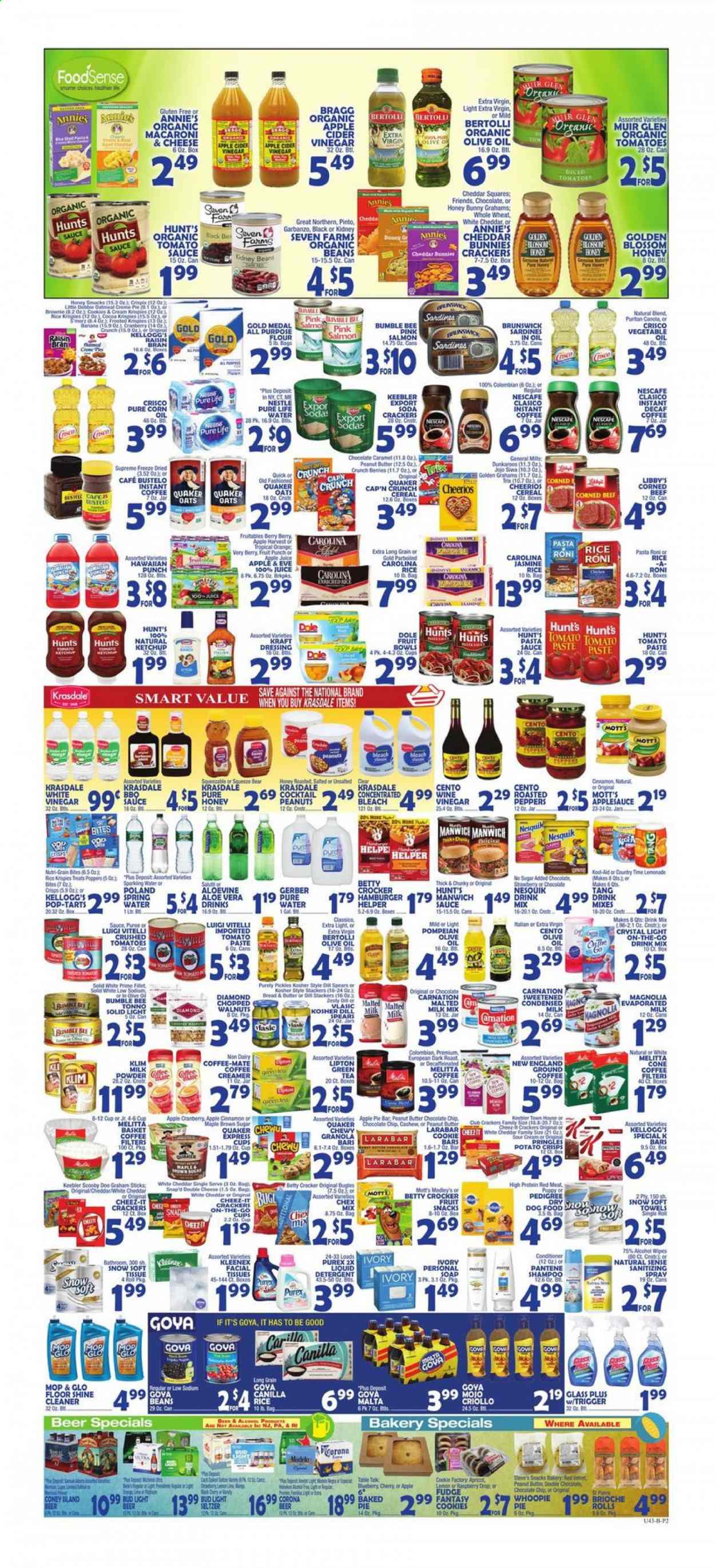 thumbnail - Bravo Supermarkets Flyer - 07/16/2021 - 07/22/2021 - Sales products - pie, brioche, apple pie, corn, tomatoes, Dole, peppers, oranges, Mott's, sardines, macaroni & cheese, pasta sauce, Bumble Bee, Quaker, Annie's, Kraft®, Bertolli, corned beef, Nesquik, Coffee-Mate, evaporated milk, condensed milk, milk powder, Blossom, sour cream, creamer, cookies, fudge, graham crackers, Nestlé, chocolate chips, crackers, Kellogg's, Pop-Tarts, fruit snack, Keebler, Gerber, potato crisps, Pringles, Cheez-It, Chex Mix, all purpose flour, Crisco, flour, oats, tomato paste, tomato sauce, pickles, Goya, Manwich, cereals, Cheerios, granola bar, Trix, Cap'n Crunch, Raisin Bran, Nutri-Grain, rice, jasmine rice, parboiled rice, dill, cinnamon, BBQ sauce, ketchup, dressing, Classico, apple cider vinegar, corn oil, extra virgin olive oil, vegetable oil, vinegar, wine vinegar, olive oil, apple sauce, peanut butter, walnuts, peanuts, apple juice, lemonade, juice, Lipton, Country Time, fruit punch, spring water, soda, sparkling water, purified water, green tea, tea, instant coffee, Nescafé, ground coffee, Hard Seltzer, beer, Bud Light, Corona Extra, beef meat. Page 2.