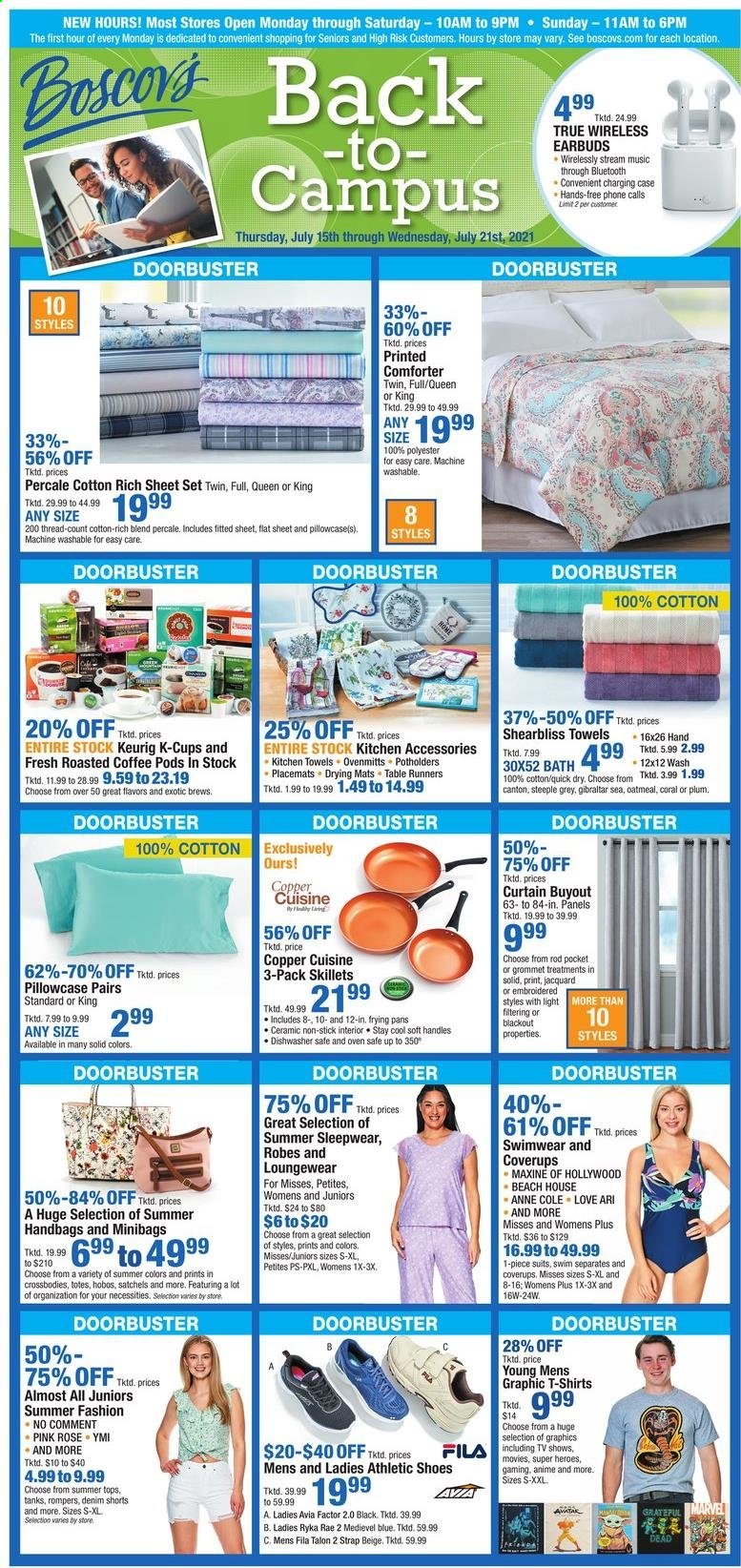 thumbnail - Boscov's Flyer - 07/15/2021 - 07/21/2021 - Sales products - Fila, shoes, athletic shoes, Ryka, quick dry, table runner, placemat, kitchen towels, comforter, pillowcase, curtain, table, loungewear, shorts, t-shirt, tops, handbag, tote, robe, swimming suit, sleepwear. Page 1.