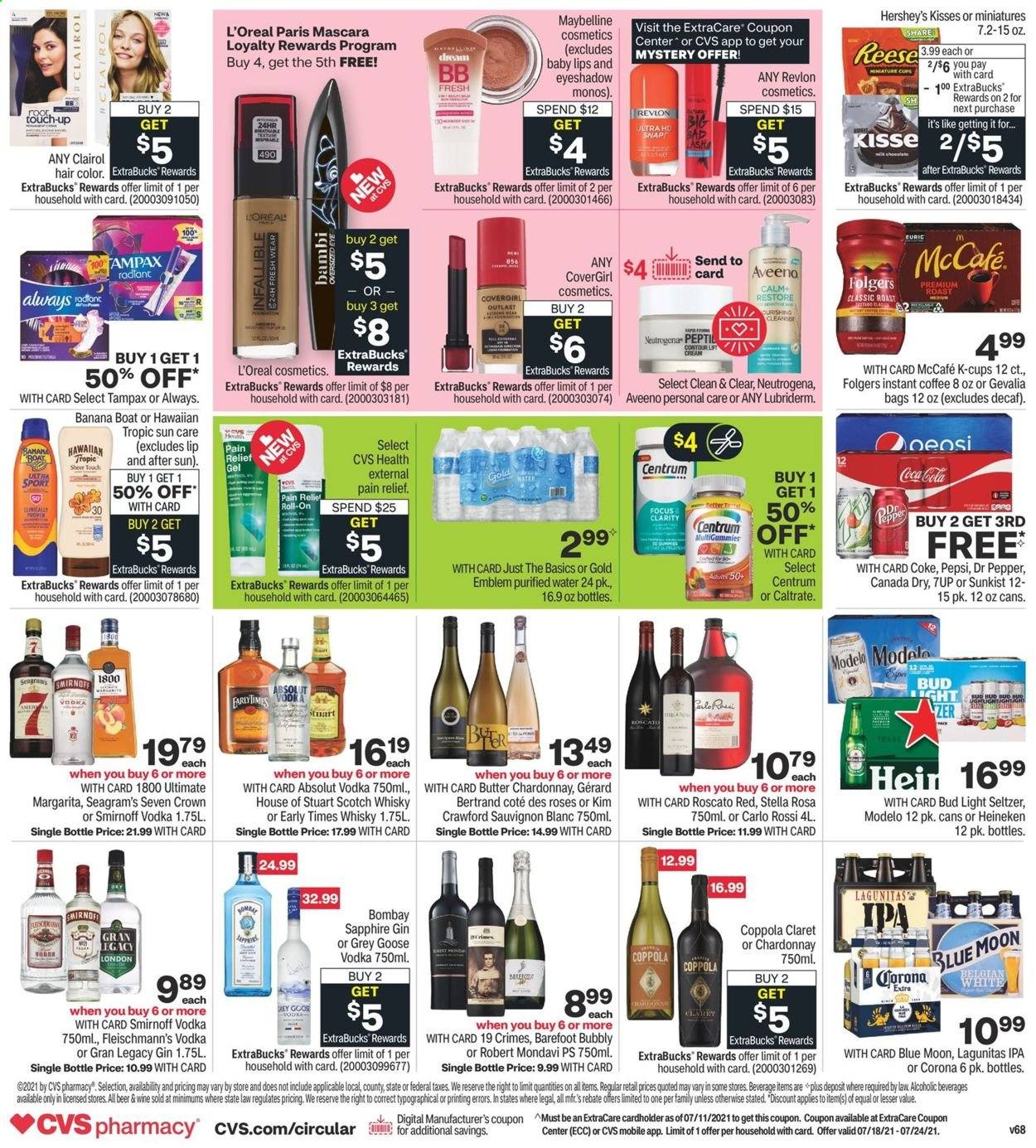 thumbnail - CVS Pharmacy Flyer - 07/18/2021 - 07/24/2021 - Sales products - Hershey's, Canada Dry, Coca-Cola, Pepsi, Dr. Pepper, 7UP, purified water, instant coffee, Folgers, coffee capsules, McCafe, K-Cups, Gevalia, white wine, Chardonnay, Sauvignon Blanc, gin, Smirnoff, vodka, Absolut, Hard Seltzer, scotch whisky, whisky, Aveeno, Tampax, L’Oréal, Neutrogena, Clairol, Revlon, hair color, Lubriderm, mascara, Maybelline, roll-on, pain relief, Centrum, beer, Blue Moon, Bud Light, Corona Extra, Heineken, IPA, Modelo, eyeshadow, contour. Page 2.
