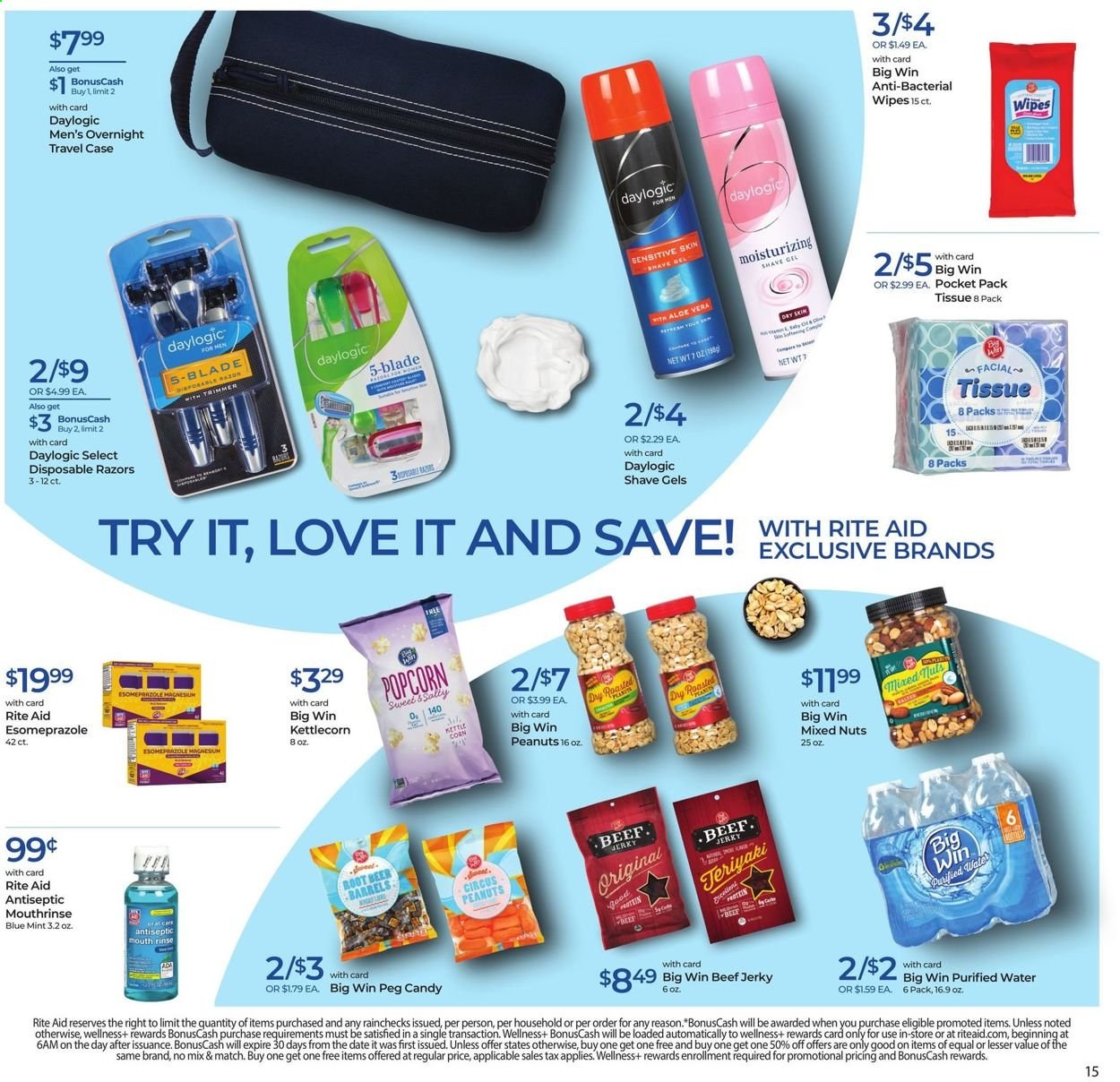 thumbnail - RITE AID Flyer - 07/18/2021 - 07/24/2021 - Sales products - beef jerky, jerky, popcorn, peanuts, mixed nuts, purified water, beer, wipes, tissues, Daylogic, disposable razor, trimmer. Page 12.
