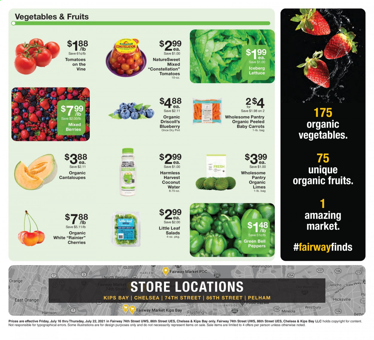 thumbnail - Fairway Market Flyer - 07/16/2021 - 07/22/2021 - Sales products - bell peppers, cantaloupe, carrots, tomatoes, lettuce, peppers, limes, cherries, coconut water. Page 6.