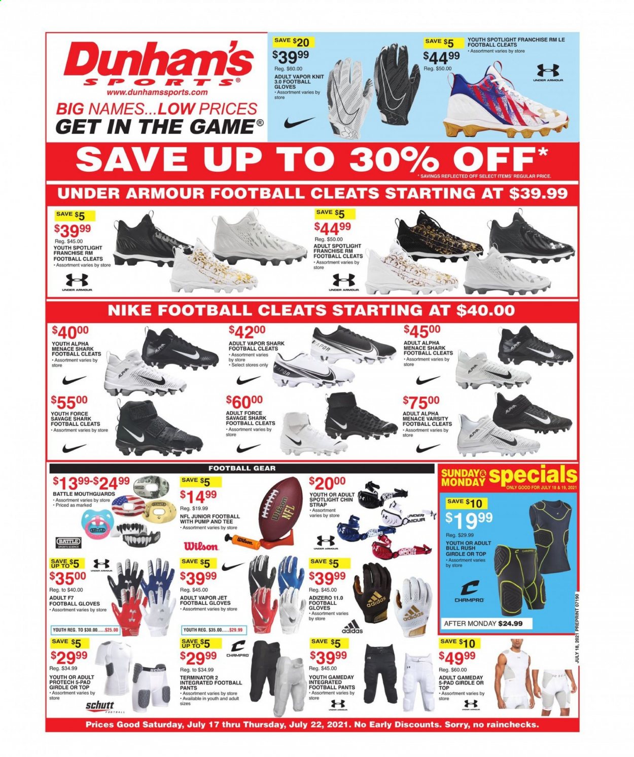 thumbnail - Dunham's Sports Flyer - 07/17/2021 - 07/22/2021 - Sales products - Adidas, Under Armour, Nike, Wilson, pants, gloves, football gloves, savage, cleats. Page 1.