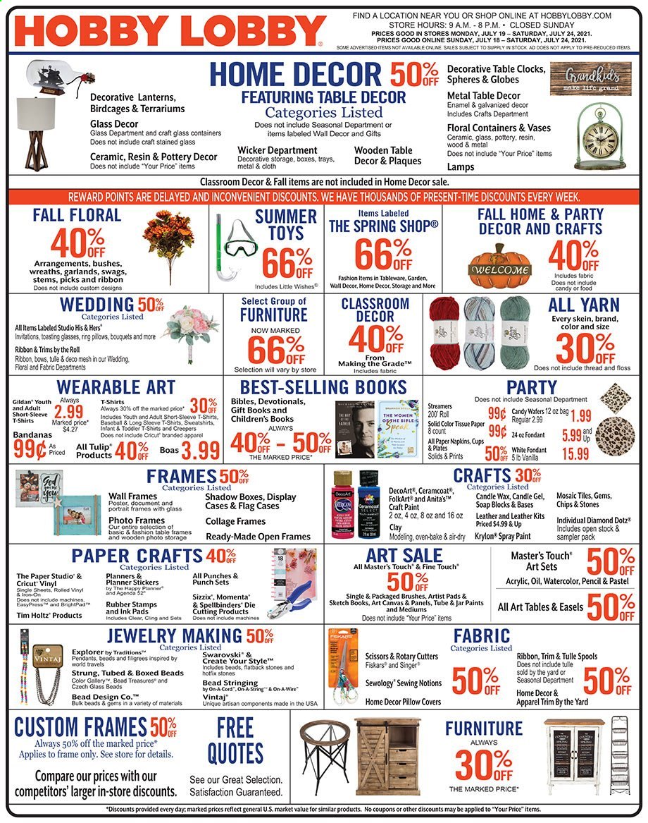 thumbnail - Hobby Lobby Flyer - 07/18/2021 - 07/24/2021 - Sales products - sticker, scissors, eraser, paper, pencil, canvas, ribbon, napkins, pillow cover, wall decor, vase. Page 1.