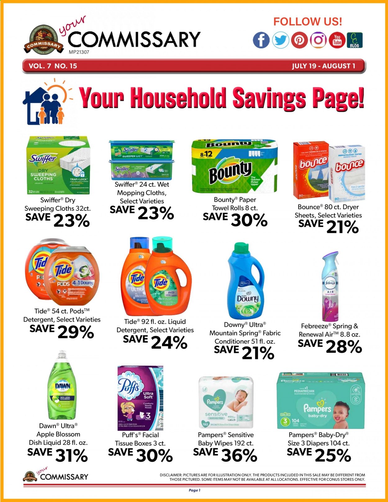 thumbnail - Commissary Flyer - 07/19/2021 - 08/01/2021 - Sales products - Blossom, Bounty, wipes, Pampers, baby wipes, nappies, tissues, paper towels, detergent, Swiffer, Tide, liquid detergent, Bounce, dryer sheets, dishwashing liquid. Page 1.