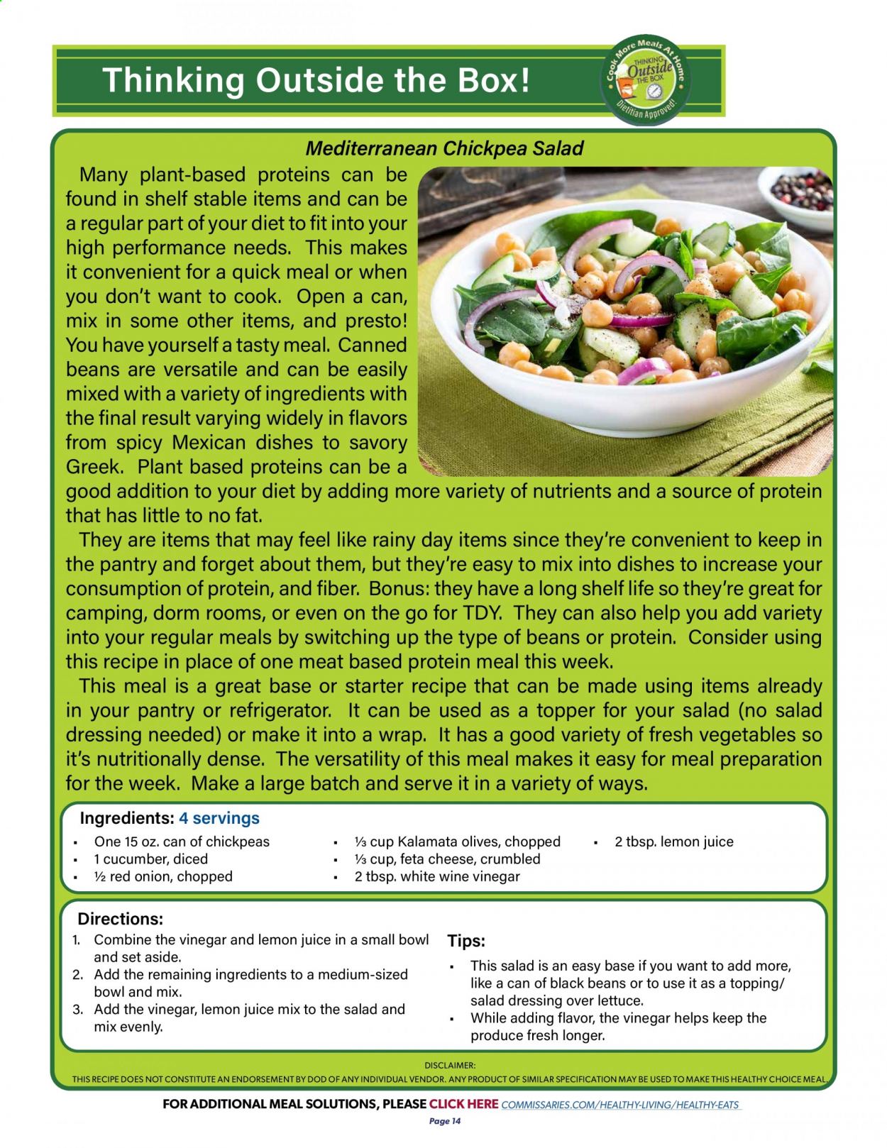 thumbnail - Commissary Flyer - 07/19/2021 - 08/01/2021 - Sales products - onion, Healthy Choice, feta, topping, black beans, olives, chickpeas, salad dressing, dressing, vinegar, wine vinegar, lemon juice, wine. Page 14.