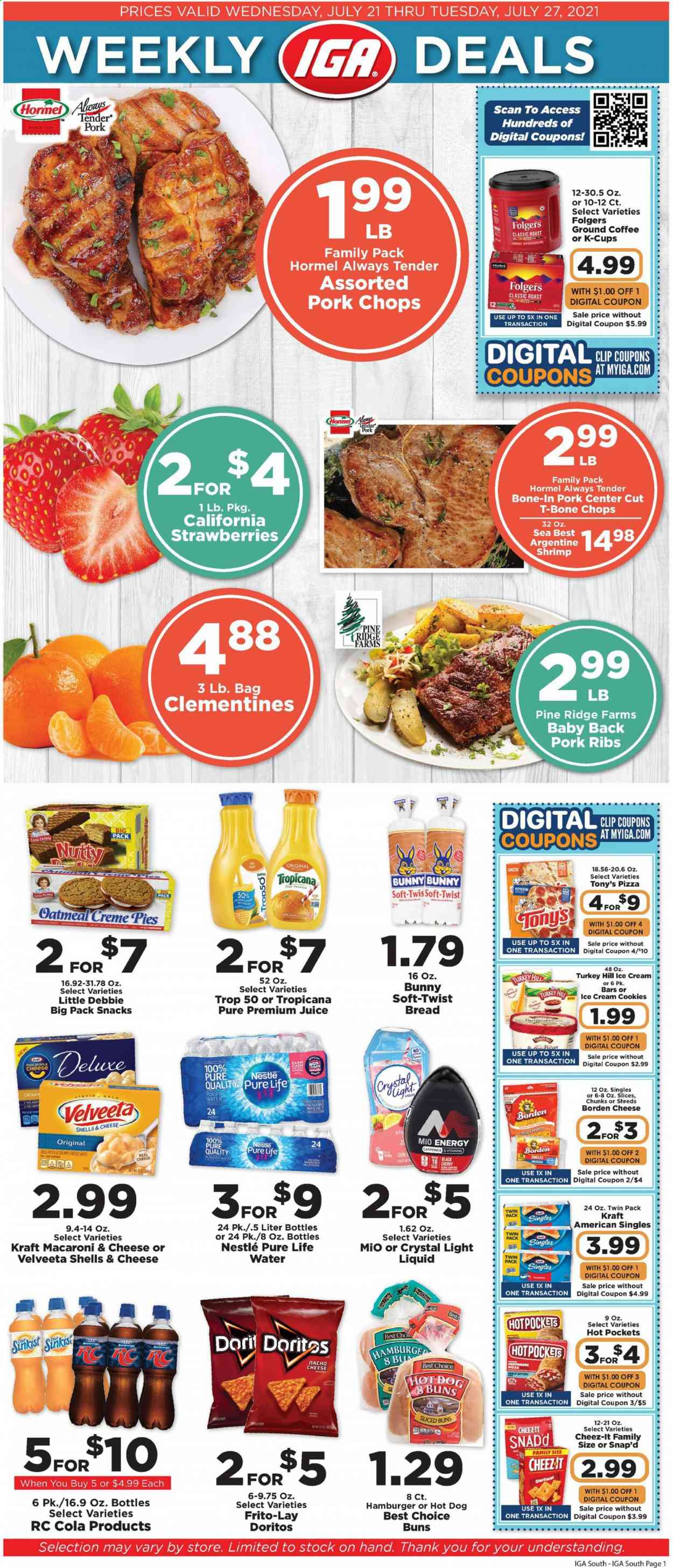 thumbnail - IGA Flyer - 07/21/2021 - 07/27/2021 - Sales products - bread, buns, strawberries, shrimps, macaroni & cheese, hot dog, hot pocket, pizza, hamburger, Kraft®, Hormel, Kraft Singles, ice cream, cookies, Nestlé, snack, Doritos, Frito-Lay, Cheez-It, oatmeal, juice, Pure Life Water, coffee, Folgers, ground coffee, K-Cups, beef meat, t-bone steak, pork chops, pork meat, pork ribs, pork back ribs, clementines. Page 1.