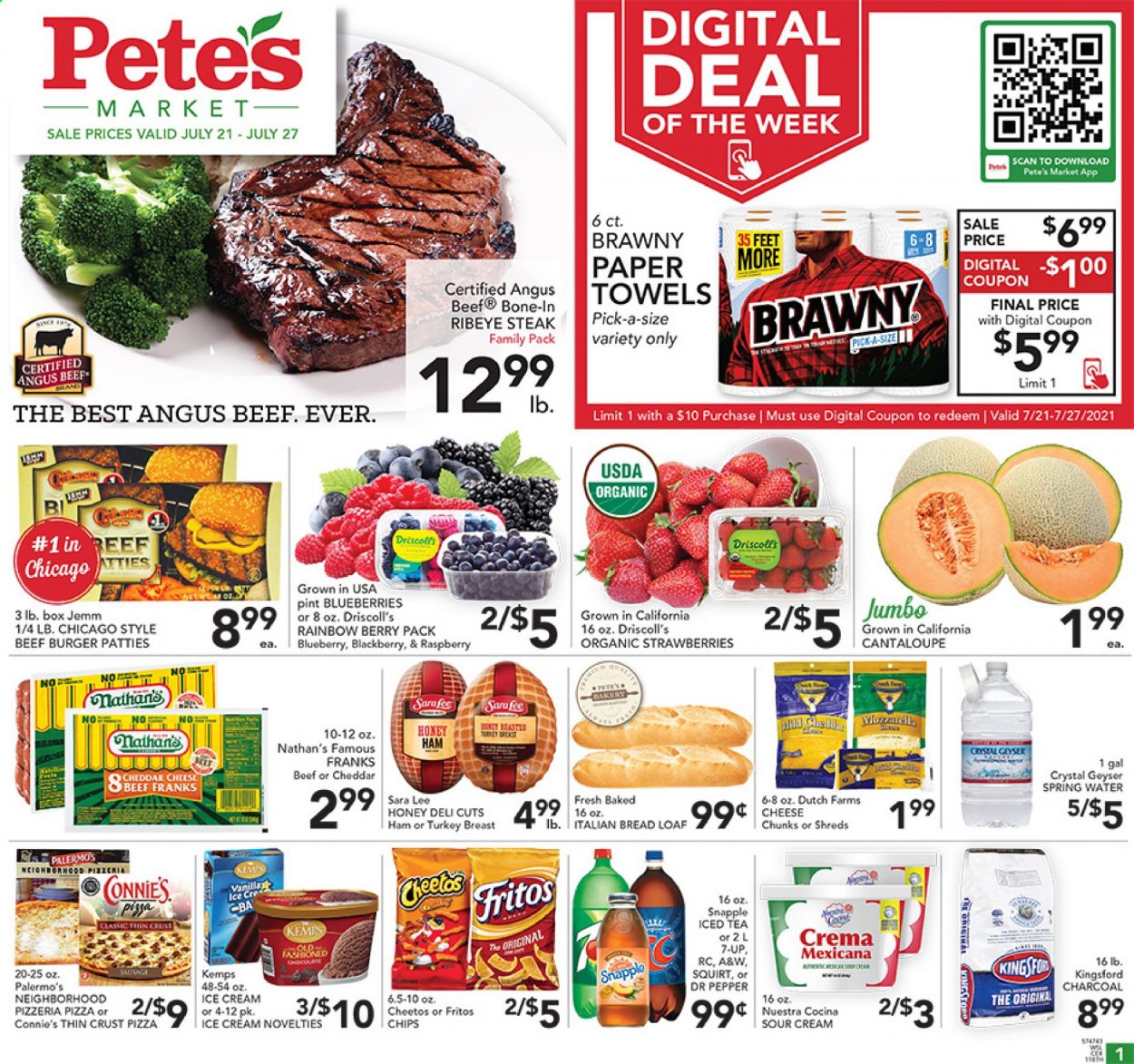 thumbnail - Pete's Fresh Market Flyer - 07/21/2021 - 07/27/2021 - Sales products - bread, Sara Lee, cantaloupe, blueberries, strawberries, pizza, hamburger, beef burger, ham, Kemps, sour cream, ice cream, Fritos, Cheetos, chips, ice tea, Dr. Pepper, 7UP, Snapple, A&W, spring water, turkey breast, beef meat, beef steak, steak, ribeye steak, burger patties. Page 1.