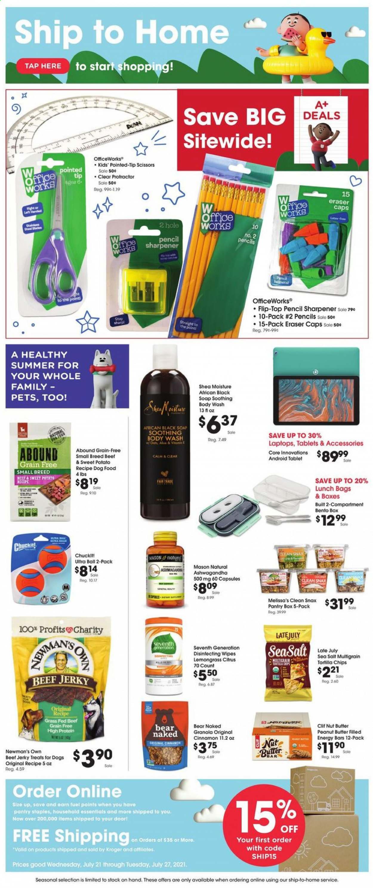 thumbnail - Baker's Flyer - 07/21/2021 - 07/27/2021 - Sales products - tablet, sweet potato, coconut, beef jerky, jerky, tortilla chips, chips, granola, energy bar, cinnamon, peanut butter, nut butter, wipes, body wash, soap, meal box, sharpener, scissors, eraser, animal food, dog food, laptop. Page 1.